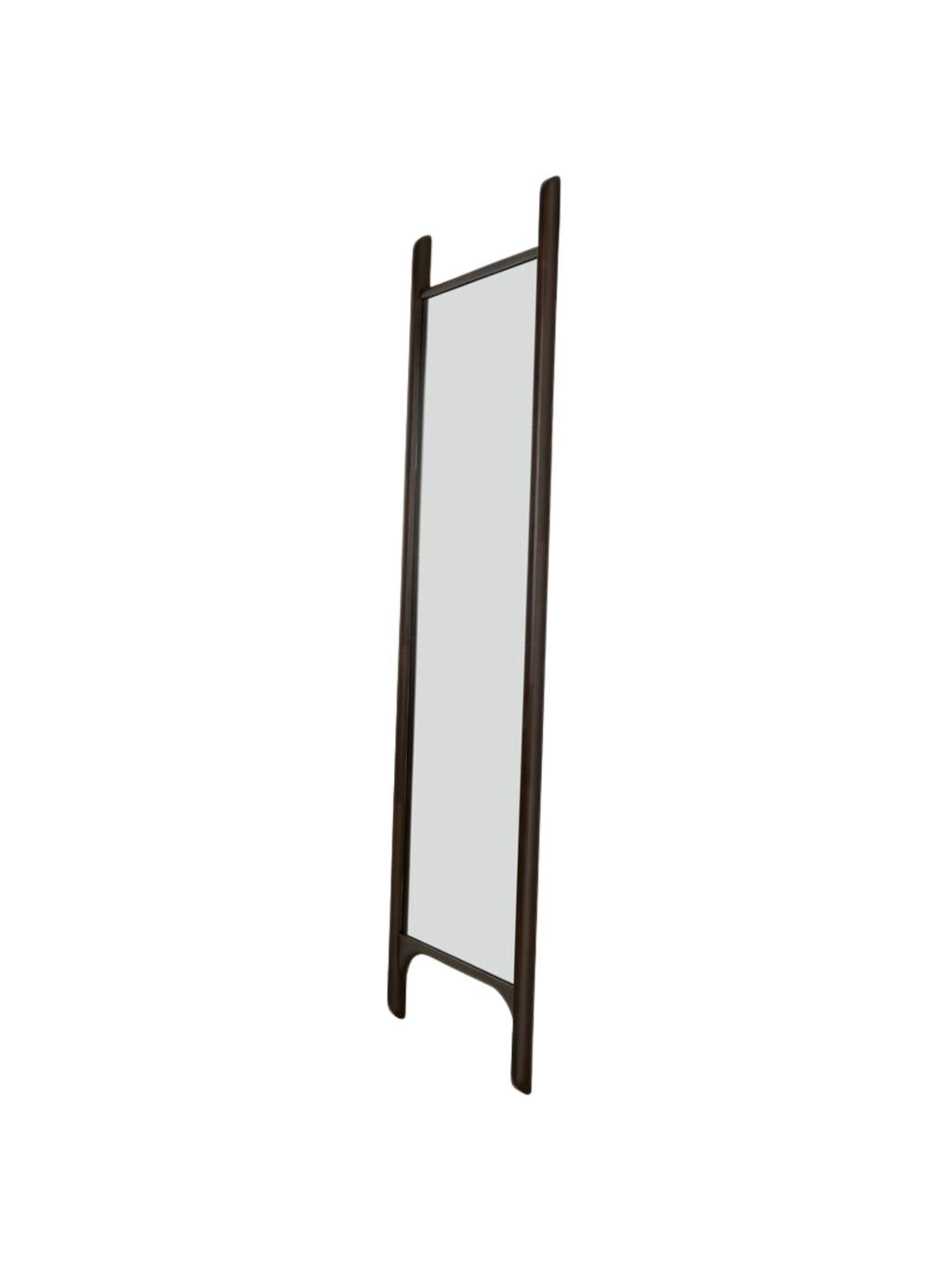 Ethnicraft PI Floor Mirror, a sleek full-length mirror crafted with a dark brown solid wood frame, showcasing elegantly rounded edges and a distinctive contemporary stand design.