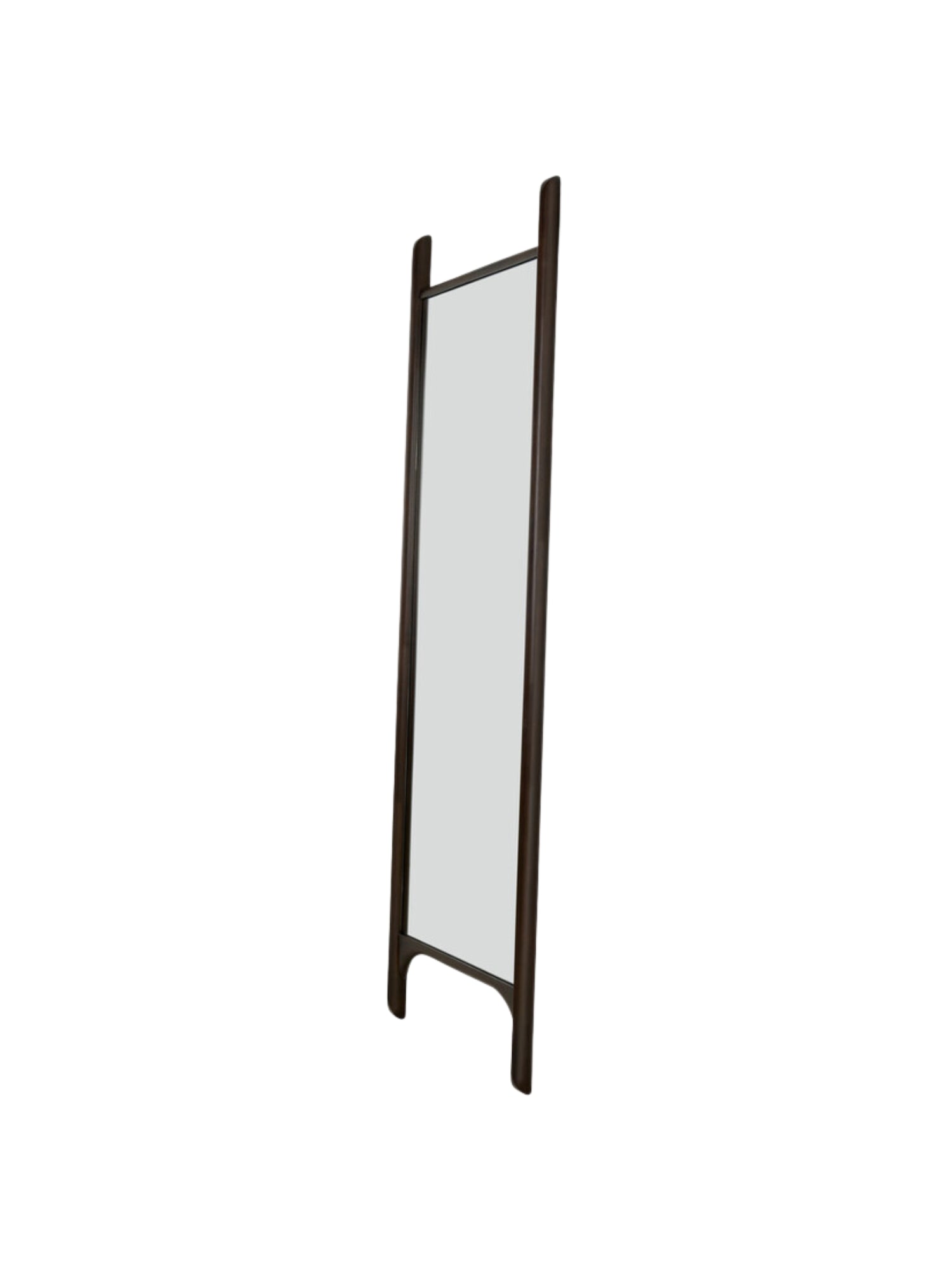 Ethnicraft PI Floor Mirror, a sleek full-length mirror crafted with a dark brown solid wood frame, showcasing elegantly rounded edges and a distinctive contemporary stand design.