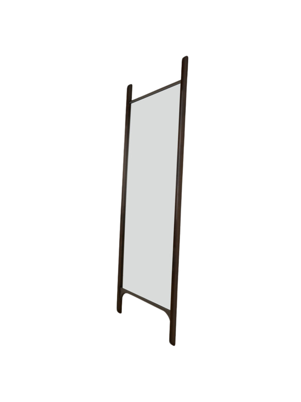 Ethnicraft PI Floor Mirror, a striking modern full-length mirror with a dark solid wood frame featuring elegant rounded edges and a minimalist, freestanding design. This tall rectangular mirror offers a sophisticated, organic modern aesthetic, perfect as a functional dressing mirror or a decorative accent in a contemporary bedroom, living room, or entryway.