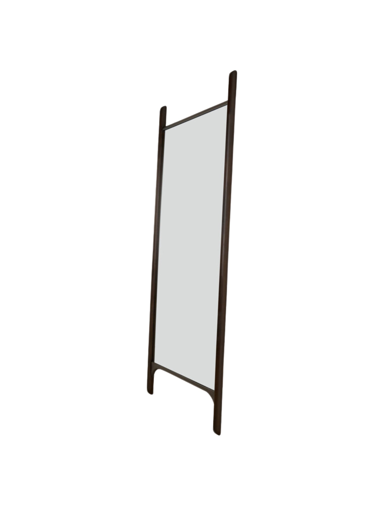 Ethnicraft PI Floor Mirror, a striking modern full-length mirror with a dark solid wood frame featuring elegant rounded edges and a minimalist, freestanding design. This tall rectangular mirror offers a sophisticated, organic modern aesthetic, perfect as a functional dressing mirror or a decorative accent in a contemporary bedroom, living room, or entryway.