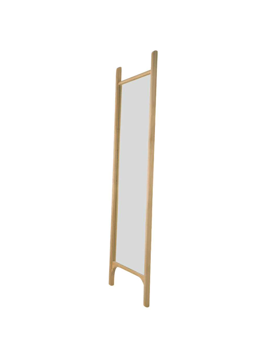 Ethnicraft PI Floor Mirror, a sleek modern minimalist full-length mirror crafted from natural solid oak with a warm, light wood finish and softly rounded frame edges.