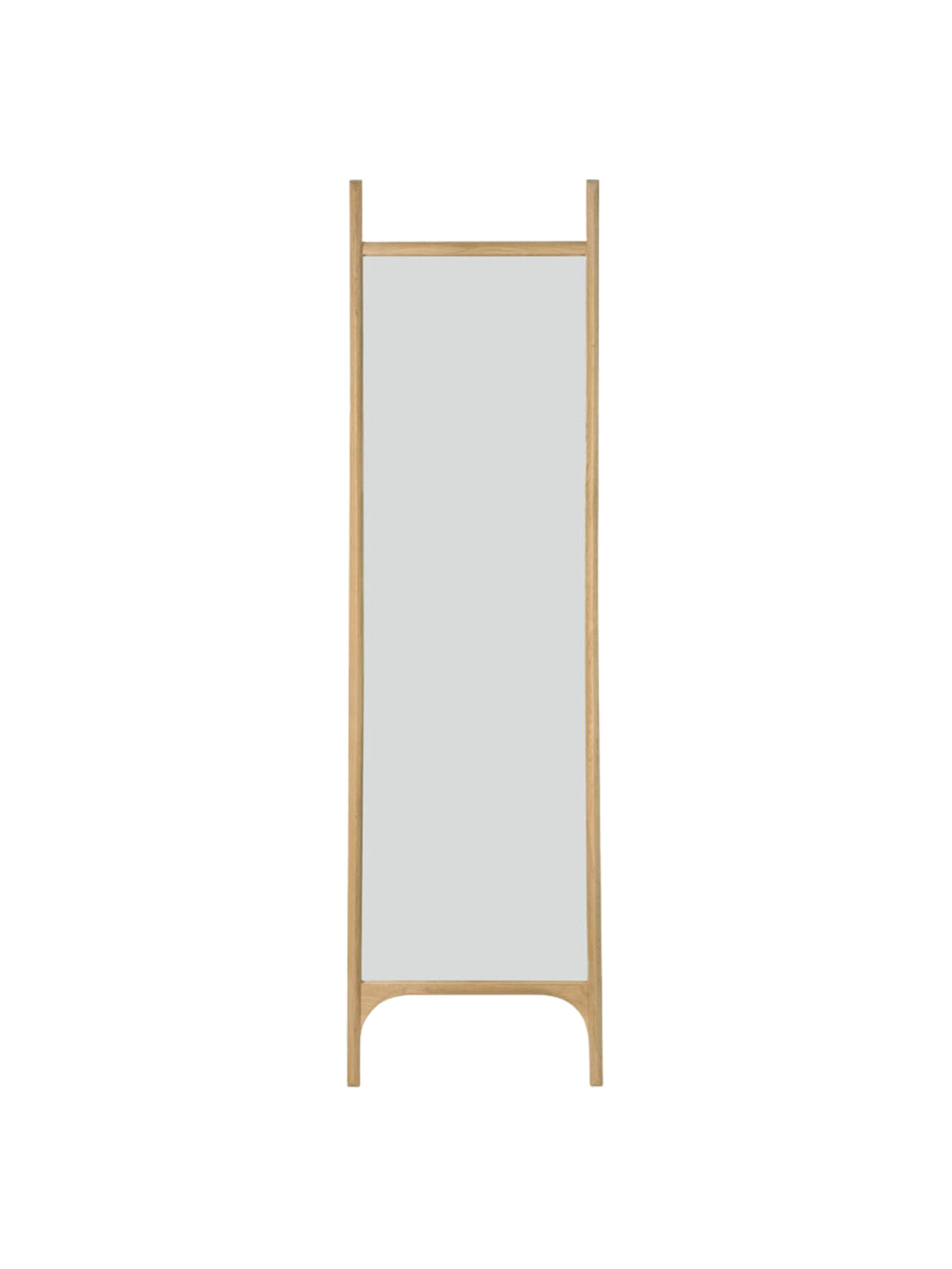 Ethnicraft PI Floor Mirror, a sleek, modern minimalist full-length mirror crafted from natural solid oak, featuring a distinctive 'PI' shaped frame with clean lines and a warm, light wood grain. This Scandinavian-inspired freestanding mirror offers a contemporary organic design with subtle curves at its base, making it ideal as a dressing mirror for bedrooms or a stylish accent for entryways and living rooms.