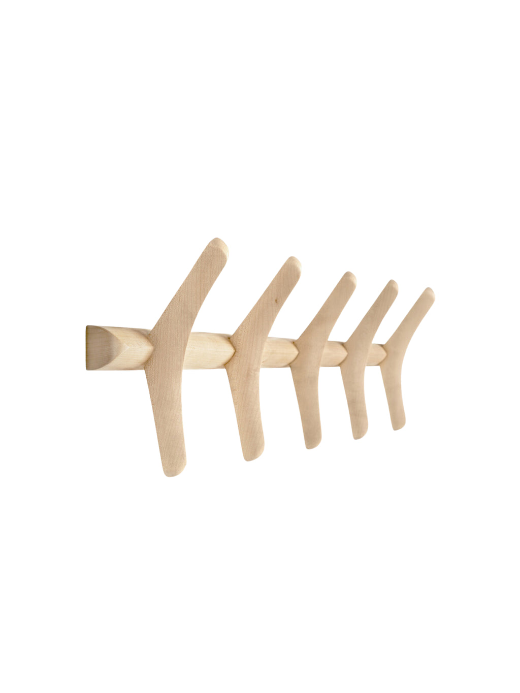 Ethnicraft PI Wall Coat Rack, a modern minimalist wall hanger crafted from smooth, light blonde solid wood, featuring five organically shaped, fin-like hooks integrated into a horizontal bar.