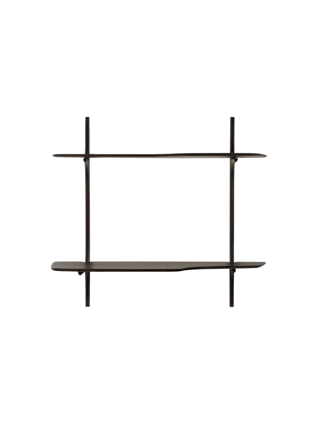 Ethnicraft PI Wall-Mounted Desk, a contemporary dark brown varnished mahogany desk with two horizontal shelves, featuring a clean, symmetrical front view and minimalist aesthetic, displayed on a white background.