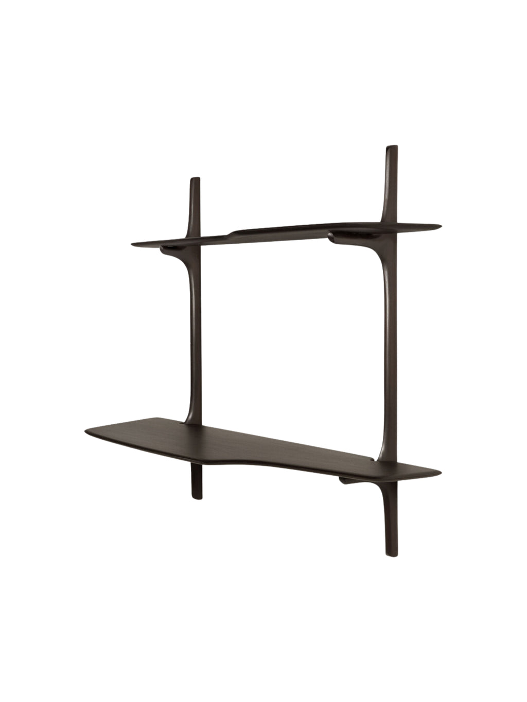 Ethnicraft PI Wall-Mounted Desk, a minimalist dark brown varnished mahogany desk with two elegantly curved shelves, showcasing its unique side profile and sleek design, displayed on a white background.