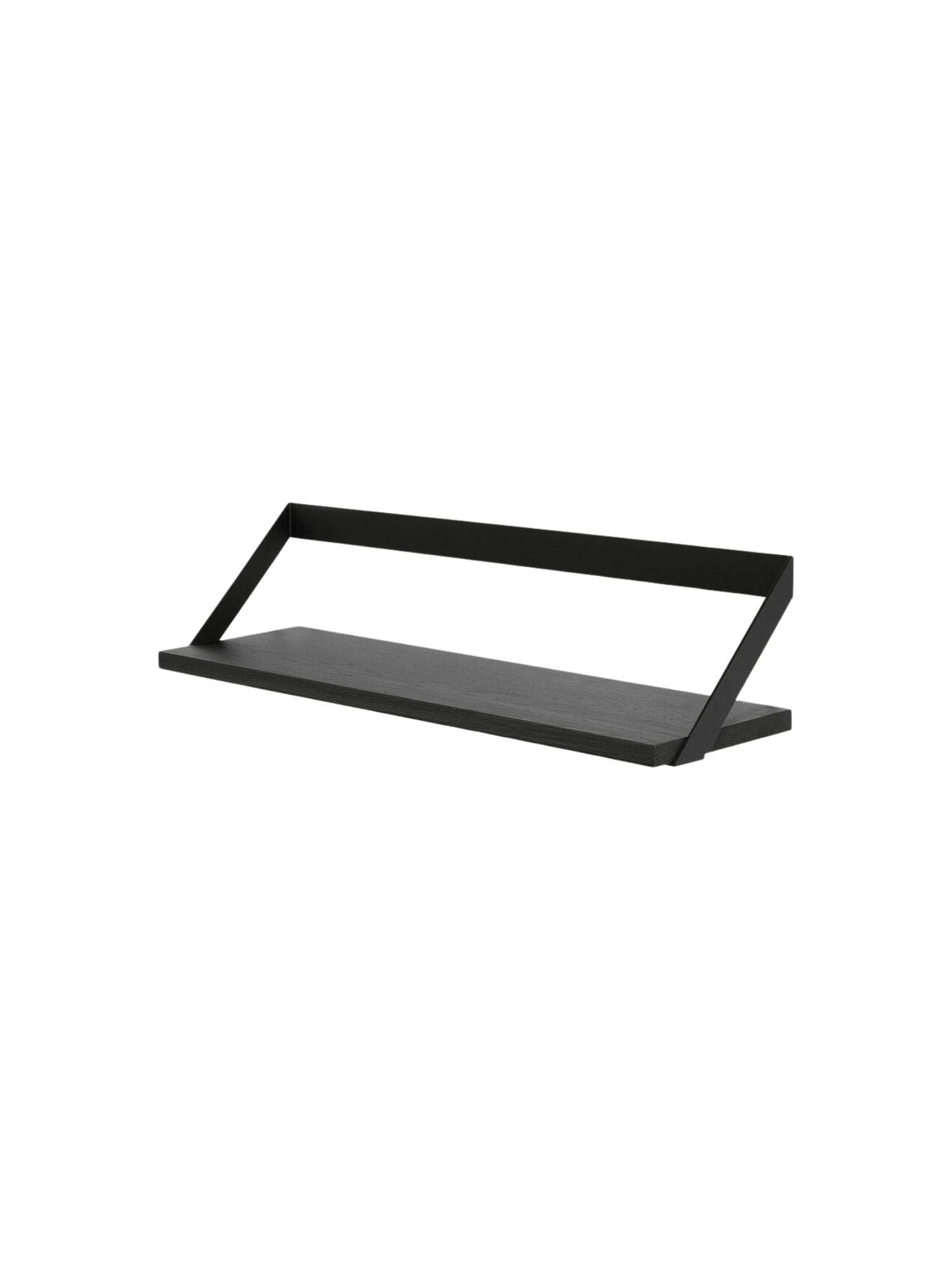 Ethnicraft Ribbon Shelf, a modern minimalist wall shelf featuring a dark black stained oak wood plank with visible grain, supported by a unique geometric matte black metal frame. This contemporary floating shelf is ideal for stylish storage and display in living rooms, home offices, or entryways, offering a clean Scandinavian design.