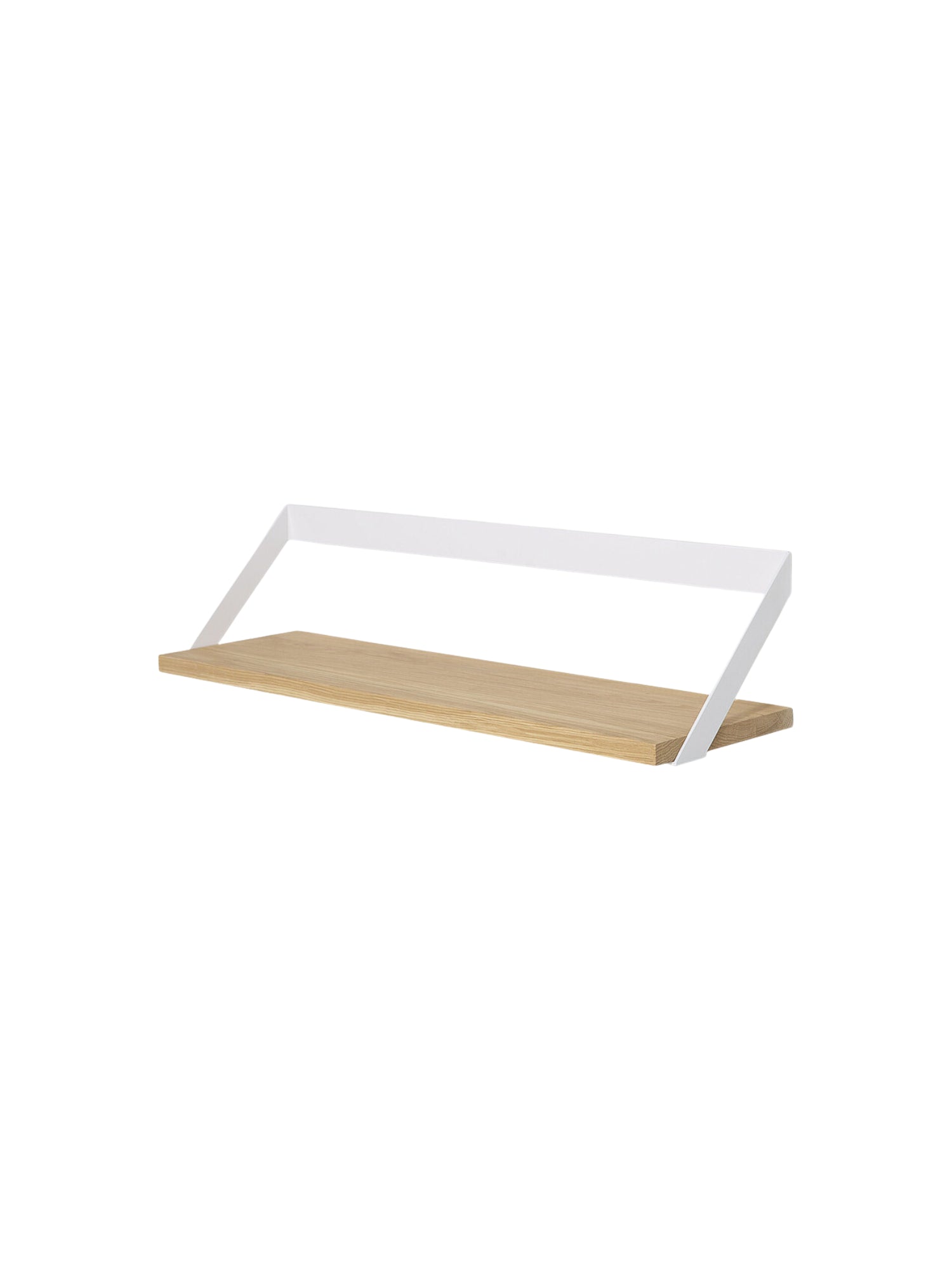 Ethnicraft Ribbon Shelf, a modern minimalist wall shelf featuring a solid natural oak wood plank with visible grain, supported by a clean white powder-coated metal bracket with a distinctive angled, ribbon-like design. This contemporary floating shelf is ideal for Scandinavian living rooms, minimalist bedrooms, or stylish home office organization.