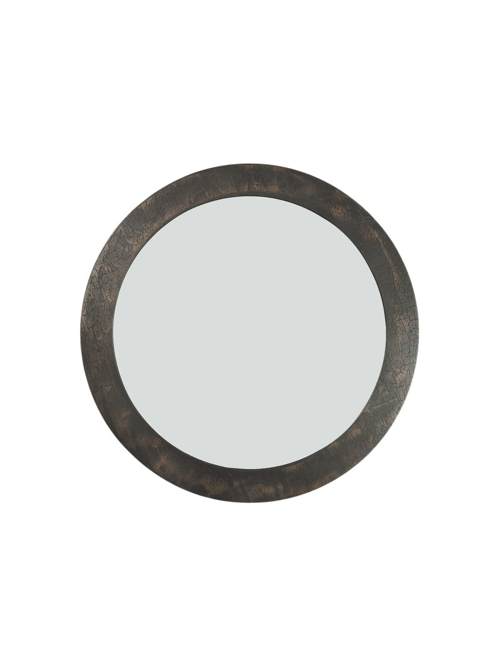 Ethnicraft Sphere Wall Mirror, an oval wall mirror featuring a thick, dark bronze-toned metal frame with a distinctly crackled, distressed texture. This rustic industrial mirror provides an aged aesthetic, blending raw appeal with contemporary design. Ideal for adding an organic modern touch to living rooms, entryways, or bedrooms.
