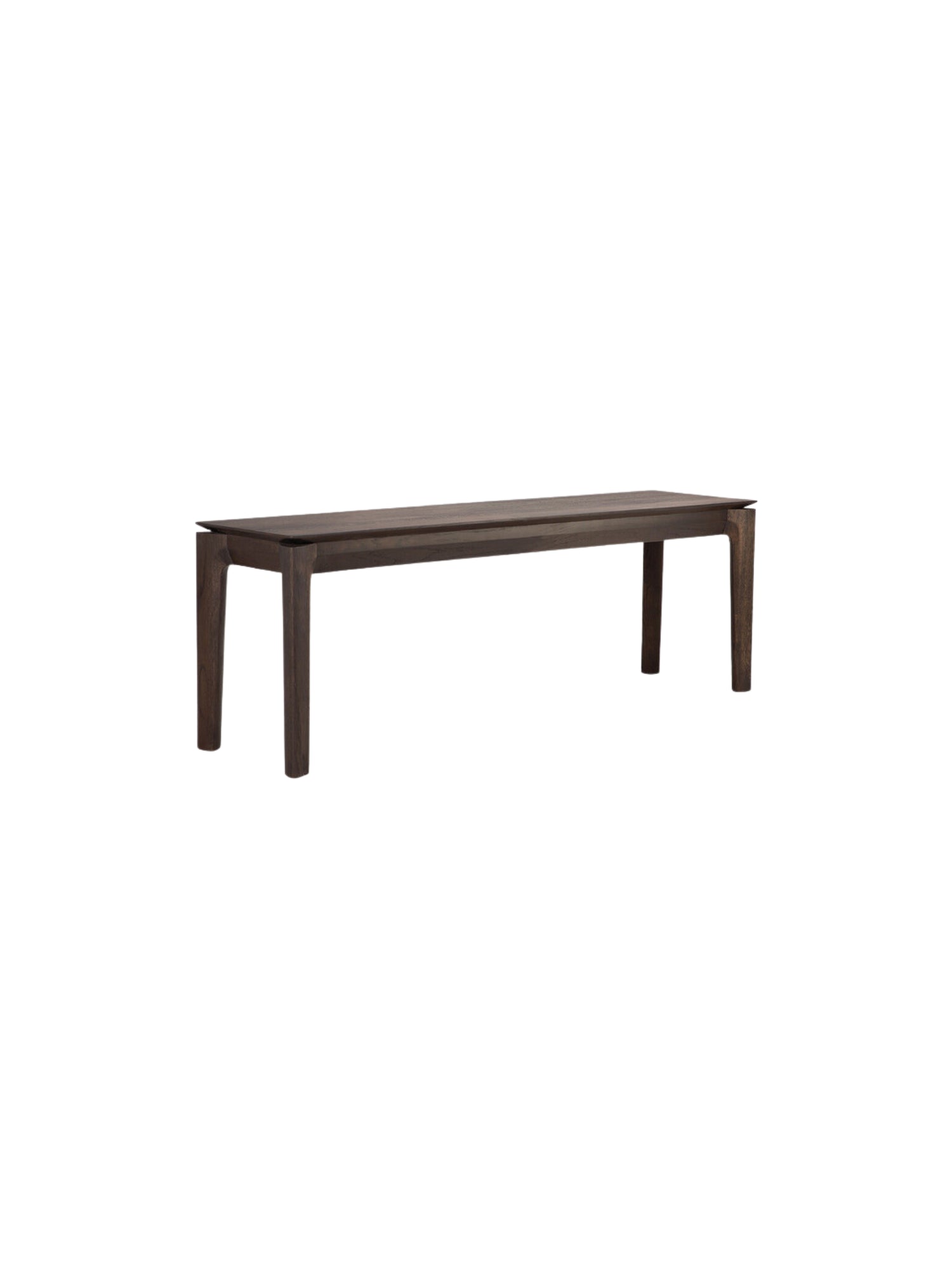 Ethnicraft Bok Bench, a modern minimalist solid oak bench in a rich dark brown finish, featuring a clean rectangular silhouette with elegantly tapered legs and a subtle tabletop overhang. This contemporary dark wood dining bench offers a smooth, natural wood grain texture and versatile design, perfect for Scandinavian dining rooms, minimalist entryways, or as stylish bedroom seating.