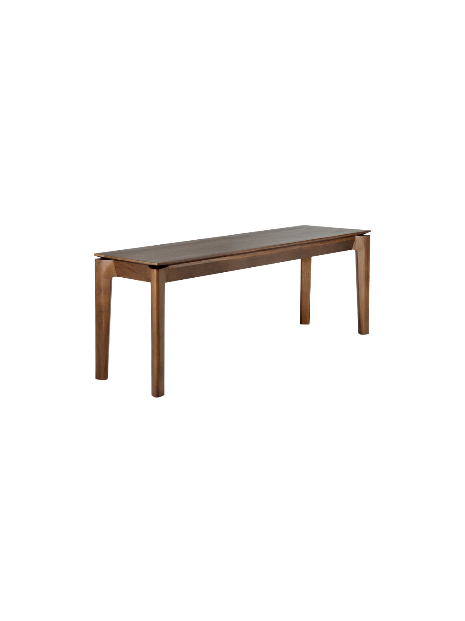 Ethnicraft Bok Bench, a modern minimalist solid dark oak wood bench with a smooth, rich brown finish and elegantly tapered legs, showcasing clean Scandinavian-inspired lines.