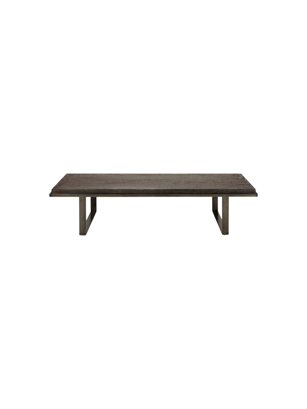 Ethnicraft Stability Coffee Table in umber, a contemporary rectangular coffee table featuring a dark, textured tabletop and a minimalist, sturdy metal base, displayed from a front perspective on a white background.