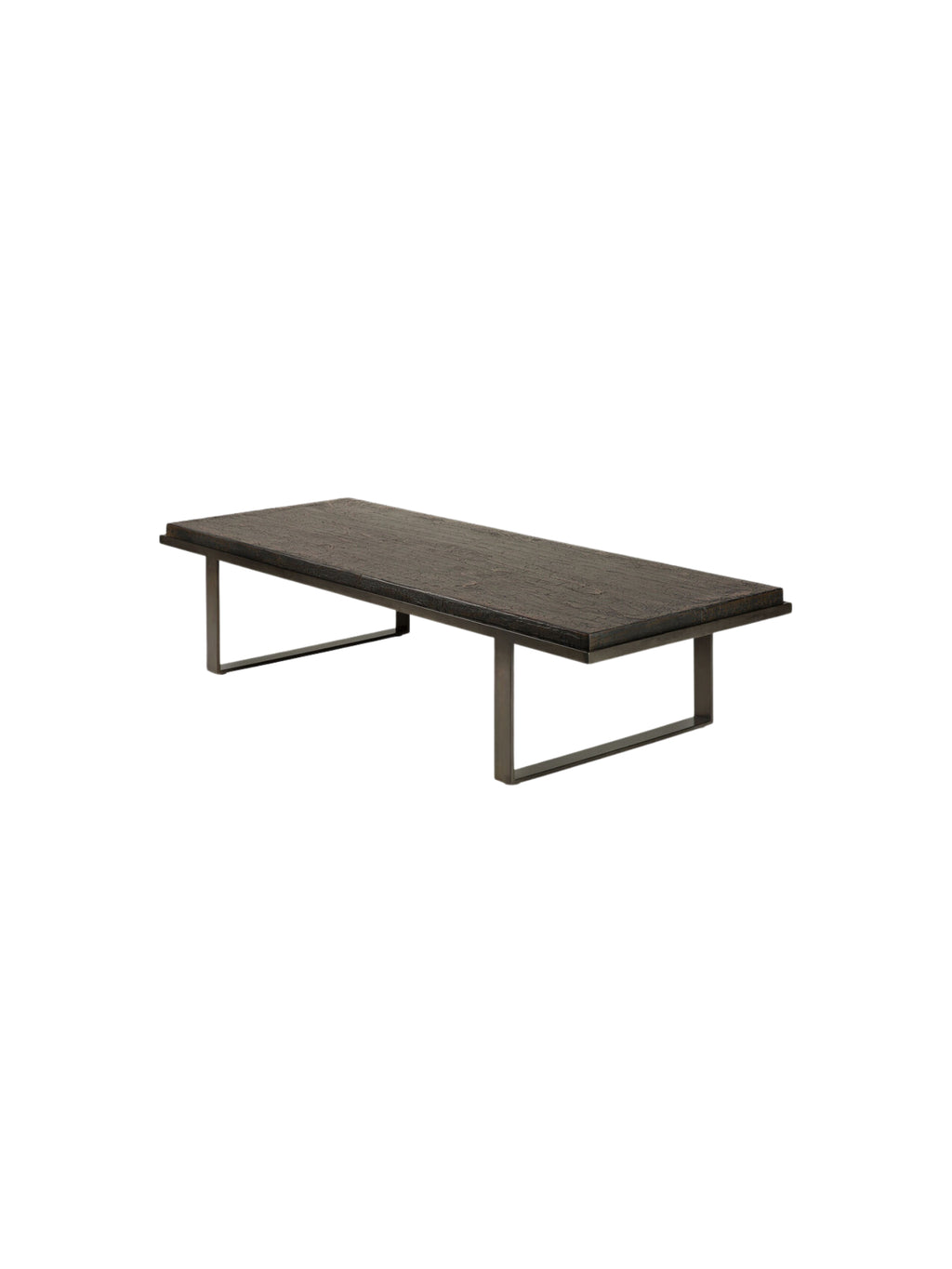 Ethnicraft Stability Coffee Table in umber, a modern rectangular coffee table with a dark, textured top and a sleek, open metal base, presented from a side view on a crisp white background.