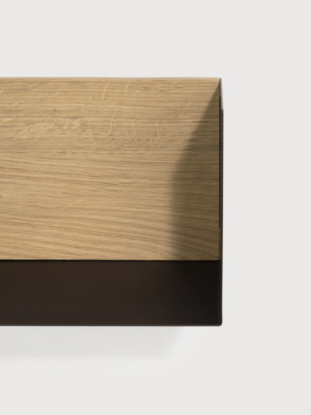 Ethnicraft U Shelf, a modern minimalist wall shelf featuring a beautiful natural solid oak top with visible wood grain, paired with a sleek matte black metal base, creating a clean, rectangular profile. This contemporary floating shelf is perfect for Scandinavian living rooms, japandi bedrooms, or elegant home office storage solutions.