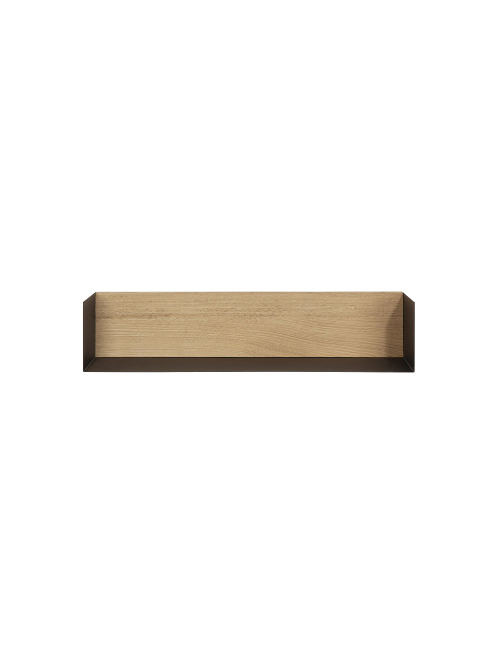 Ethnicraft U Shelf, a modern minimalist wall shelf featuring a light natural oak wood interior with visible grain, encased in a sleek dark matte black metal frame. Its clean, rectangular profile makes it a versatile floating shelf for displaying decor. Perfect for Scandinavian living rooms, contemporary bedrooms, or home office organization.