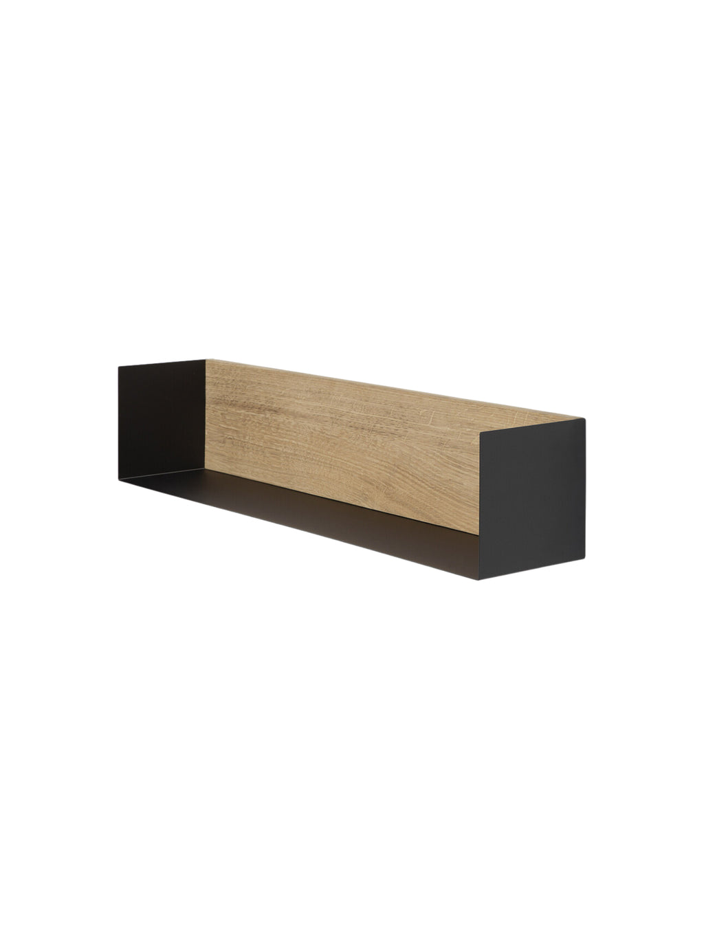 Ethnicraft U Shelf, a sleek modern minimalist floating wall shelf featuring a matte black metal frame that forms a clean U-shape, encasing a natural light wood interior panel with visible grain texture. This contemporary wall-mounted shelf combines industrial chic design with Scandinavian warmth. It's perfect for displaying decorative accents or books in a living room, bedroom, or home office, offering stylish storage for modern interiors.