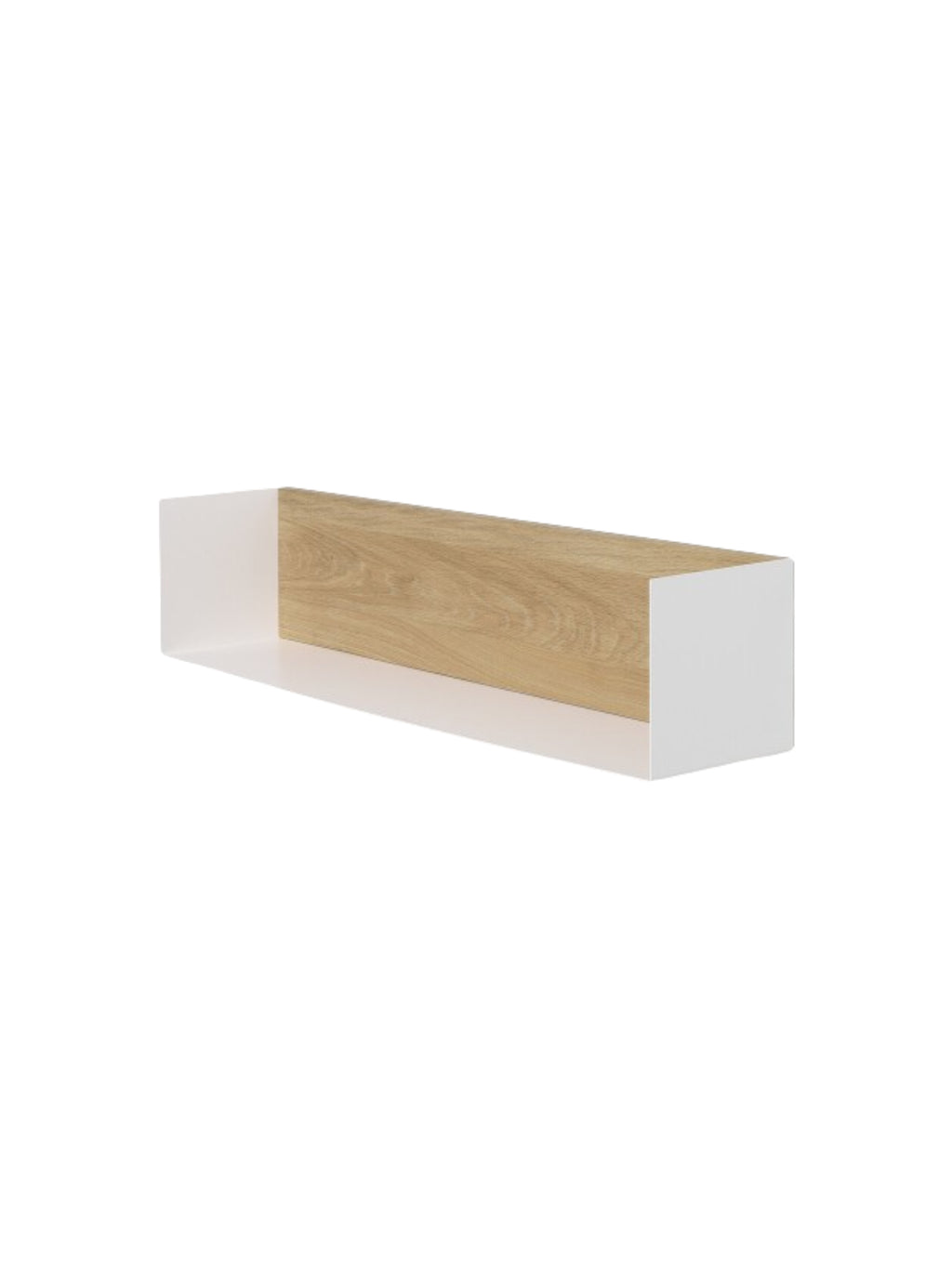 Ethnicraft U Shelf, a modern minimalist floating wall shelf featuring a crisp white lacquered metal frame that elegantly encases a natural solid oak wood interior with visible grain. This sleek rectangular design offers contemporary display and storage for books or decor. Perfect for Scandinavian living rooms, Japandi bedrooms, or a stylish home office.