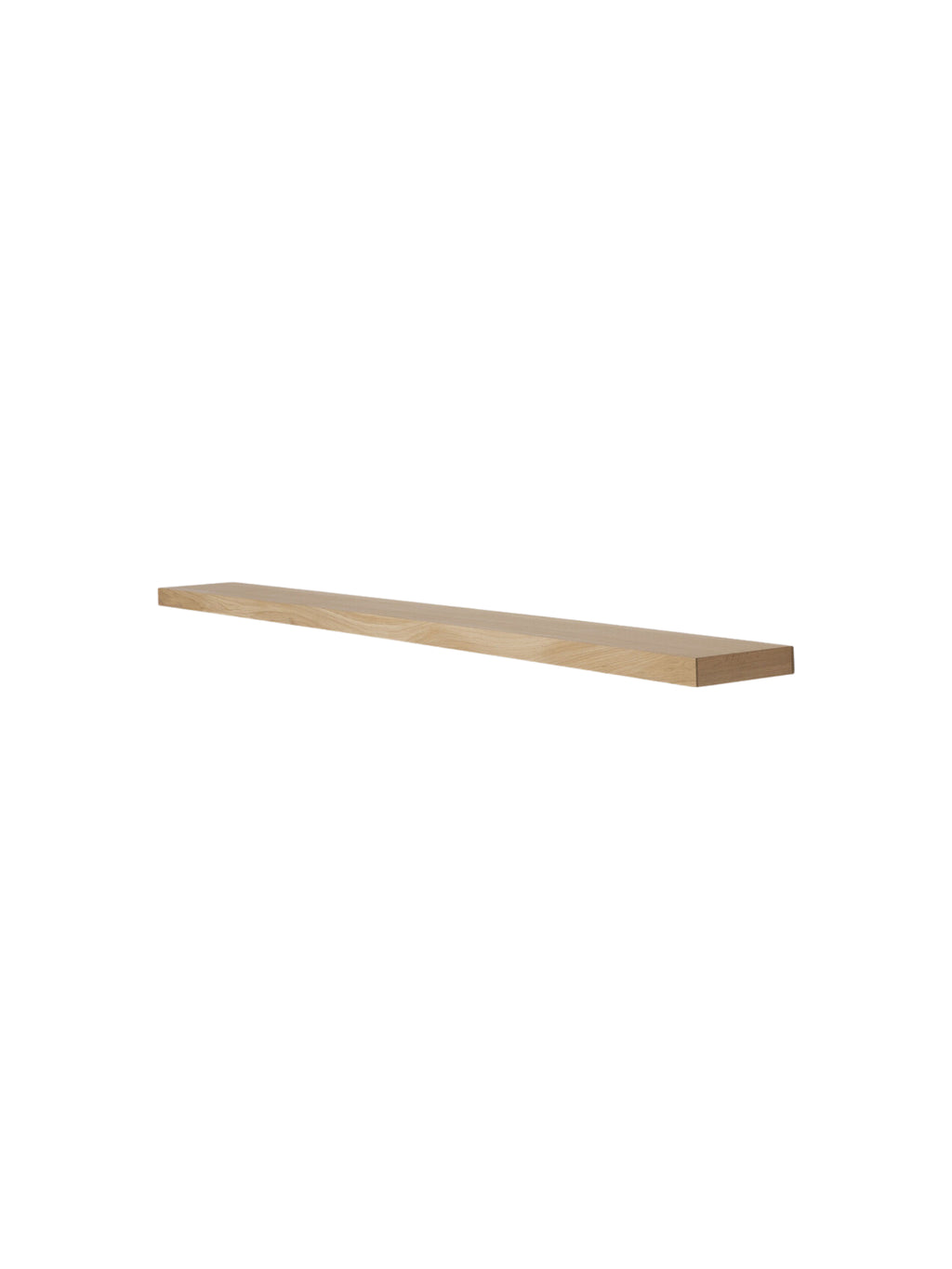 Ethnicraft Wall Shelf, a sleek modern minimalist floating shelf crafted from light natural solid oak, showcasing a smooth finish and beautiful warm wood grain. This versatile rectangular wooden shelf is perfect for adding functional storage and a clean aesthetic to Scandinavian living rooms, contemporary bedrooms, or minimalist kitchens.