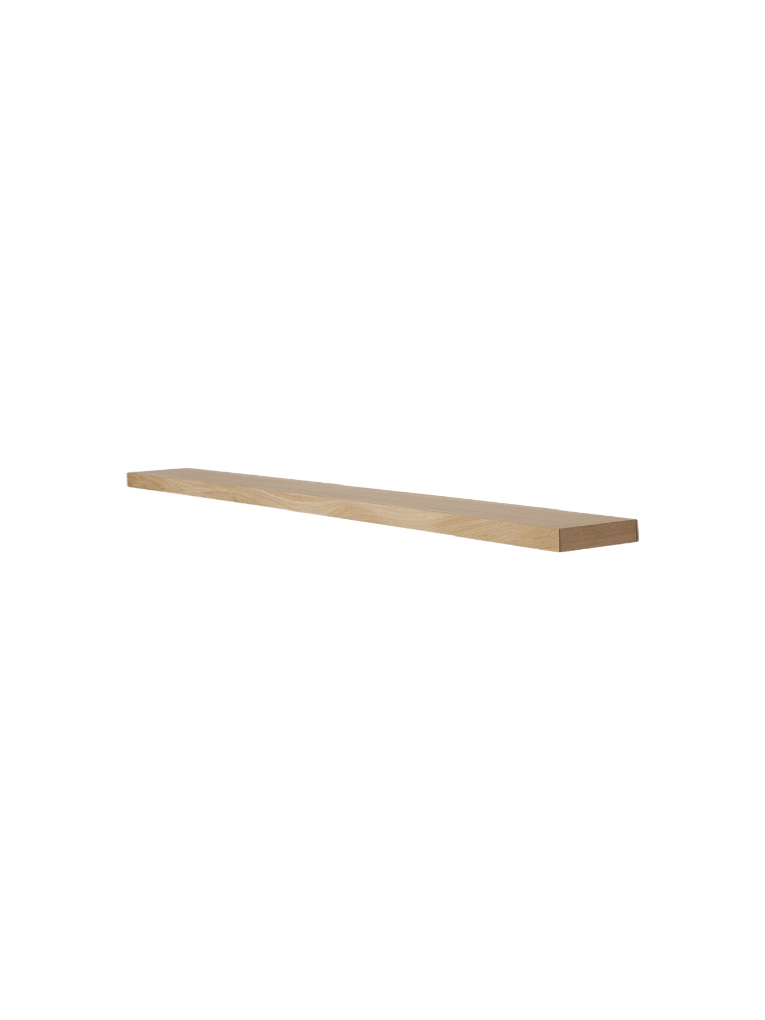 Ethnicraft Wall Shelf, a sleek modern minimalist floating shelf crafted from light natural solid oak, showcasing a smooth finish and beautiful warm wood grain. This versatile rectangular wooden shelf is perfect for adding functional storage and a clean aesthetic to Scandinavian living rooms, contemporary bedrooms, or minimalist kitchens.