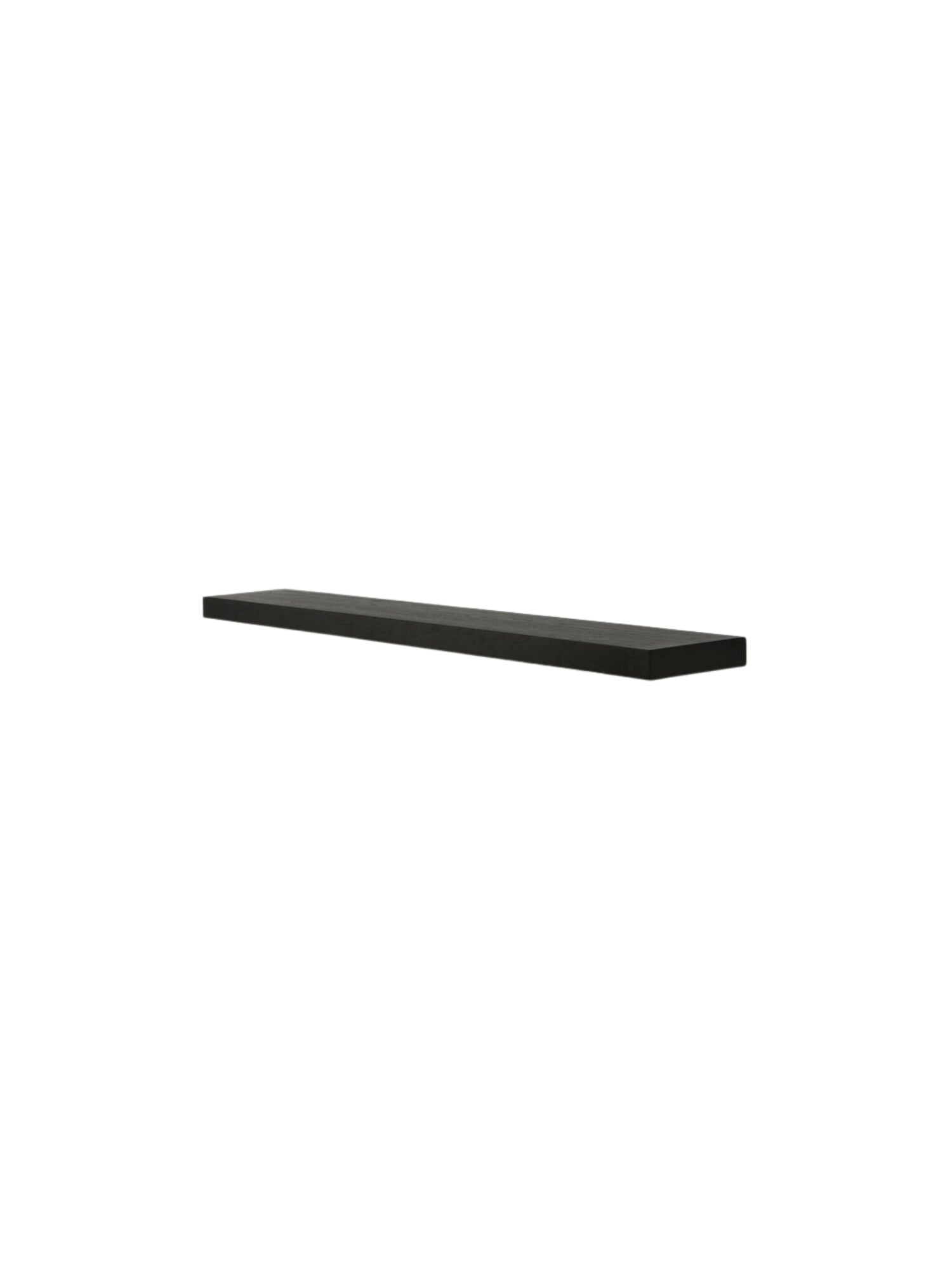 Ethnicraft Wall Shelf, a sleek, modern minimalist floating shelf with a clean rectangular silhouette, crafted from black stained solid oak with a smooth, matte finish. Perfect for contemporary living rooms, minimalist bedrooms, or Scandinavian-inspired home offices to display decor.