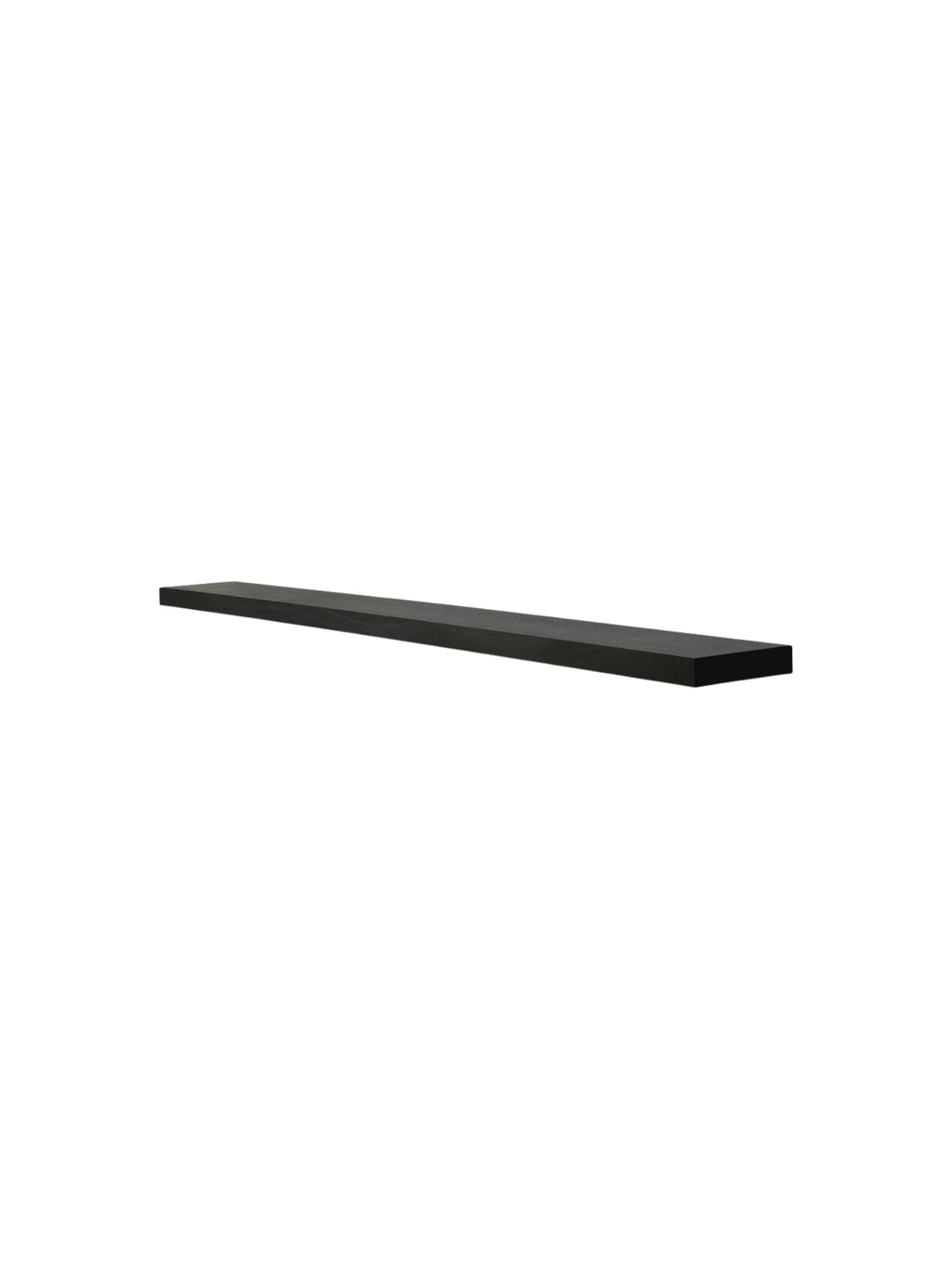 Ethnicraft Wall Shelf, a sleek modern minimalist floating shelf crafted from dark stained solid oak wood, featuring a long, slender rectangular profile and a visible subtle wood grain texture. This contemporary black oak display shelf is perfect for adding functional style to Scandinavian living rooms, minimalist bedrooms, or modern home offices.