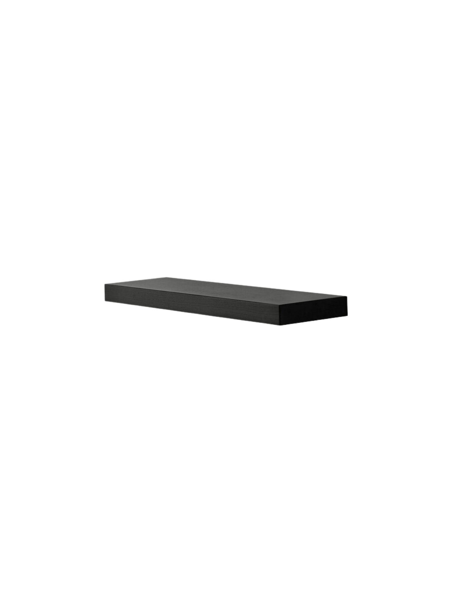 Ethnicraft Wall Shelf, a sleek modern minimalist floating shelf crafted from black stained solid oak wood with a subtle linear grain texture and a smooth matte finish, featuring a clean rectangular profile.