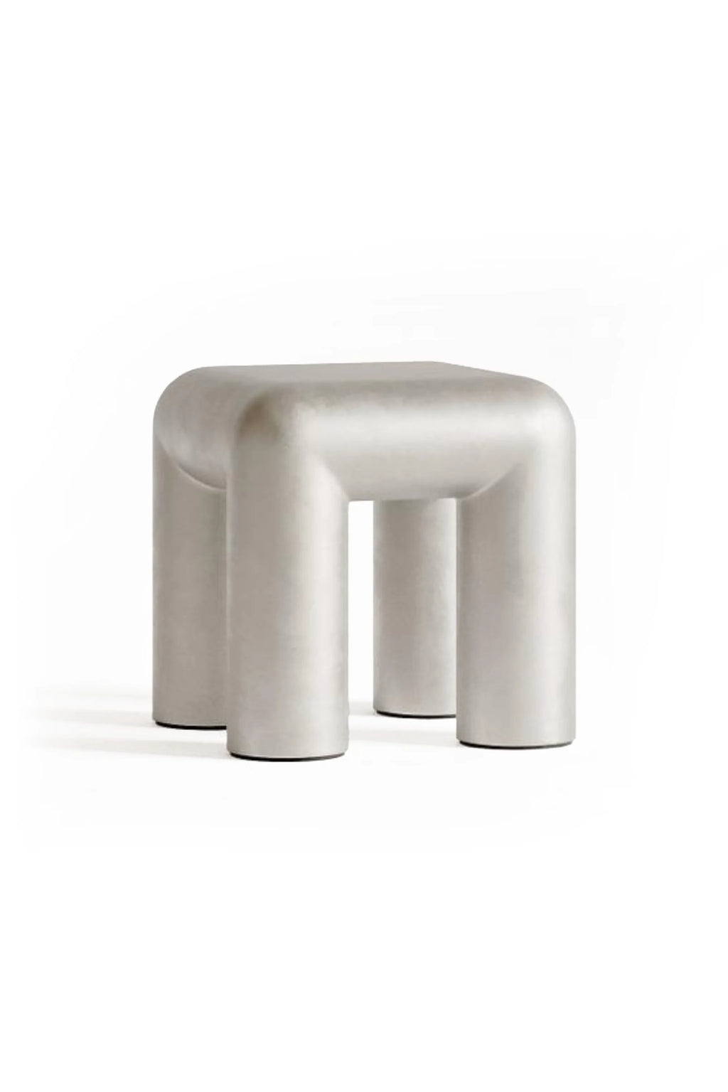 FORMARKIVET Cubio Side Table, a sculptural brutalist side table crafted from light grey concrete with a smooth, matte finish and a distinctive chunky, rounded silhouette. Featuring four robust cylindrical legs, this minimalist piece serves as a versatile accent table for modern living rooms, bedrooms, or contemporary outdoor patio areas.