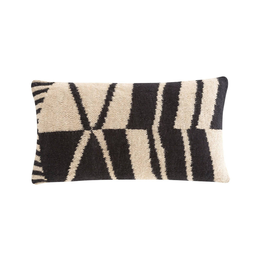GAN Rugs Rustic Chic Cushion - Black & White, a rectangular hand-woven wool lumbar pillow featuring a bold abstract black and cream geometric pattern with a chunky textured weave.