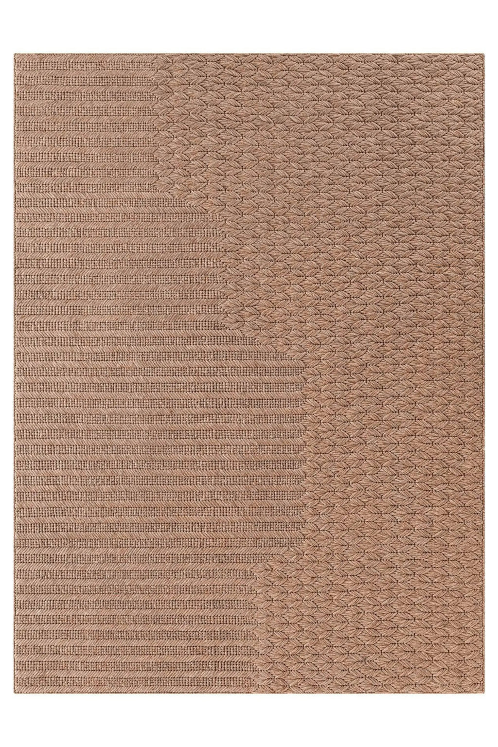 GAN Rugs Chaddar Rug - Camel, a richly textured hand-woven area rug crafted in a warm camel brown natural fiber with a distinctive split design. One half features horizontal rows of tight braided weave, contrasting with the other half's intricate repeating diamond geometric pattern. This rustic and organic modern rug is ideal for adding warmth and tactile interest to contemporary living rooms, cozy bedrooms, or bohemian-inspired spaces.