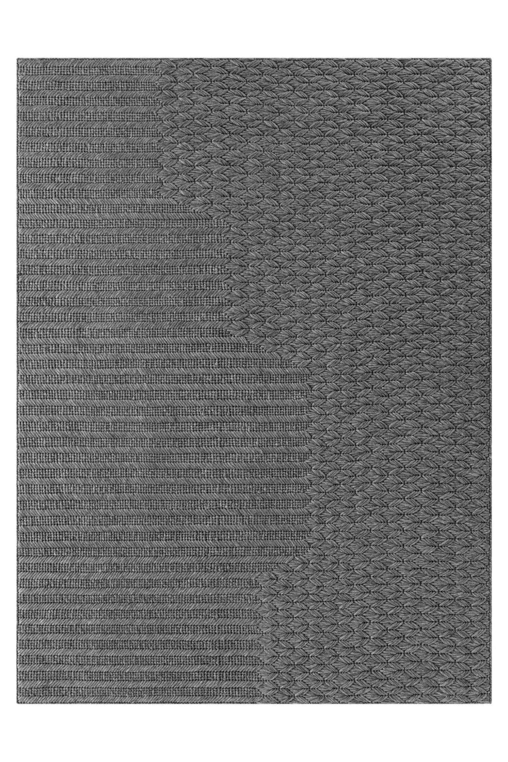 GAN Rugs Chaddar Rug - Charcoal, a rectangular charcoal grey area rug featuring a striking dual-texture design, with one half showcasing tight, horizontal woven lines and the other a scalloped, fish-scale-like pattern in a plush, hand-woven fiber. This contemporary floor covering offers a rich, tactile surface in deep grey tones. Ideal for adding modern texture to living rooms, bedrooms, or sophisticated home office spaces.
