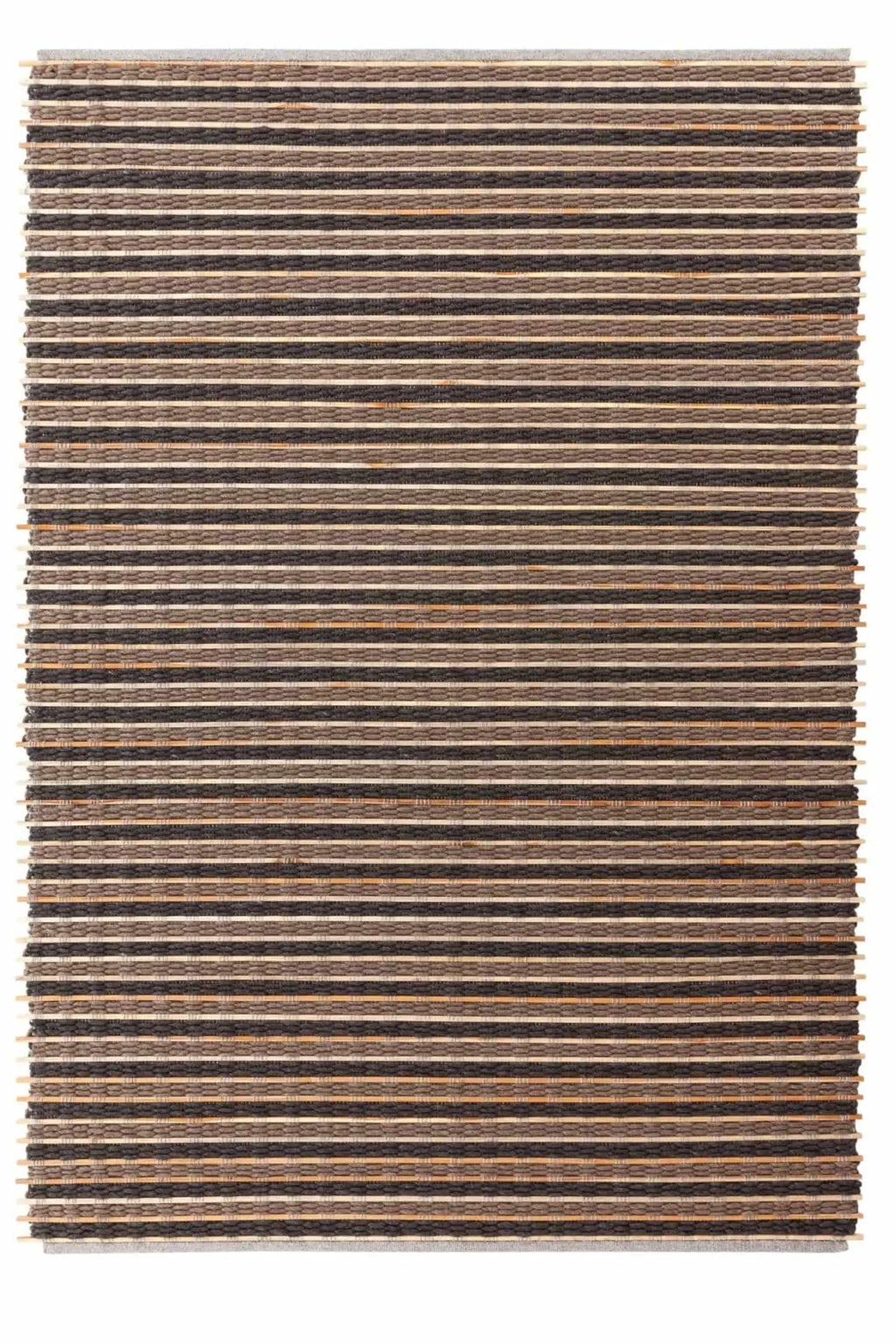 GAN Rugs Tsuchi Rug, a highly textured hand-woven natural fiber area rug featuring a striking striped pattern of chunky charcoal grey and light beige wool alternating with smooth natural tan wood slats. This organic modern design rug offers a unique visual and tactile experience, perfect for a Japandi living room, Scandinavian bedroom, or minimalist home office.