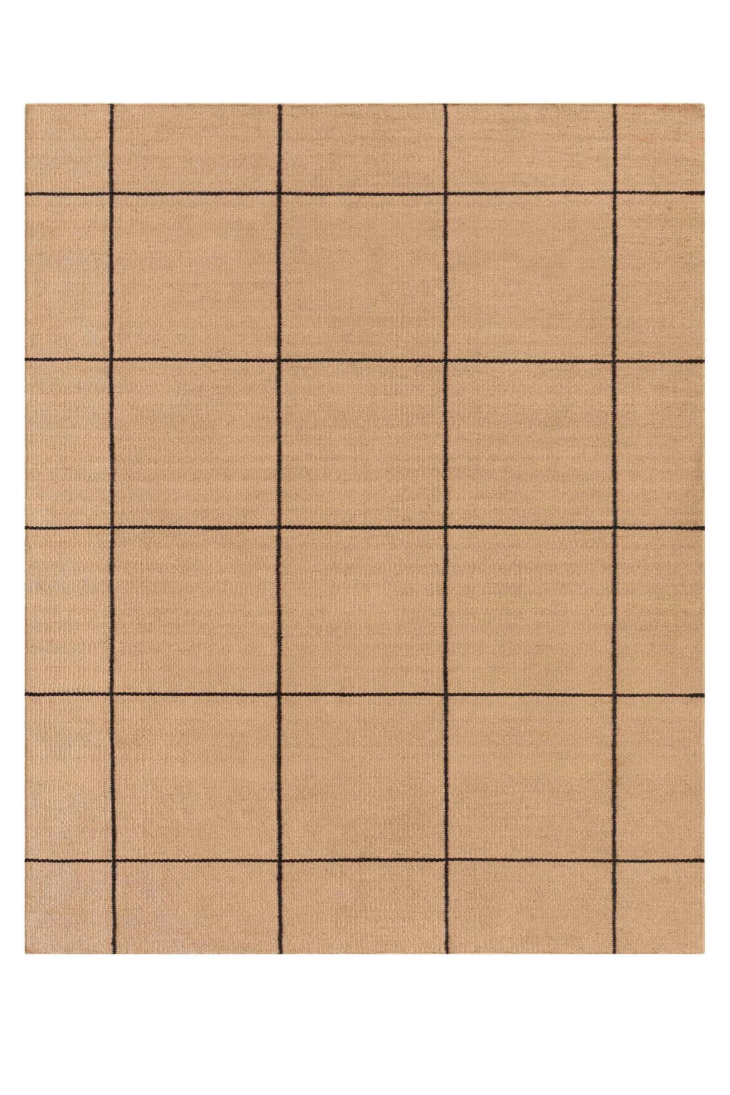 GAN Rugs Roots 001 Rug, a modern minimalist area rug featuring a subtle textured flatweave in warm beige tones with a striking dark black grid pattern.