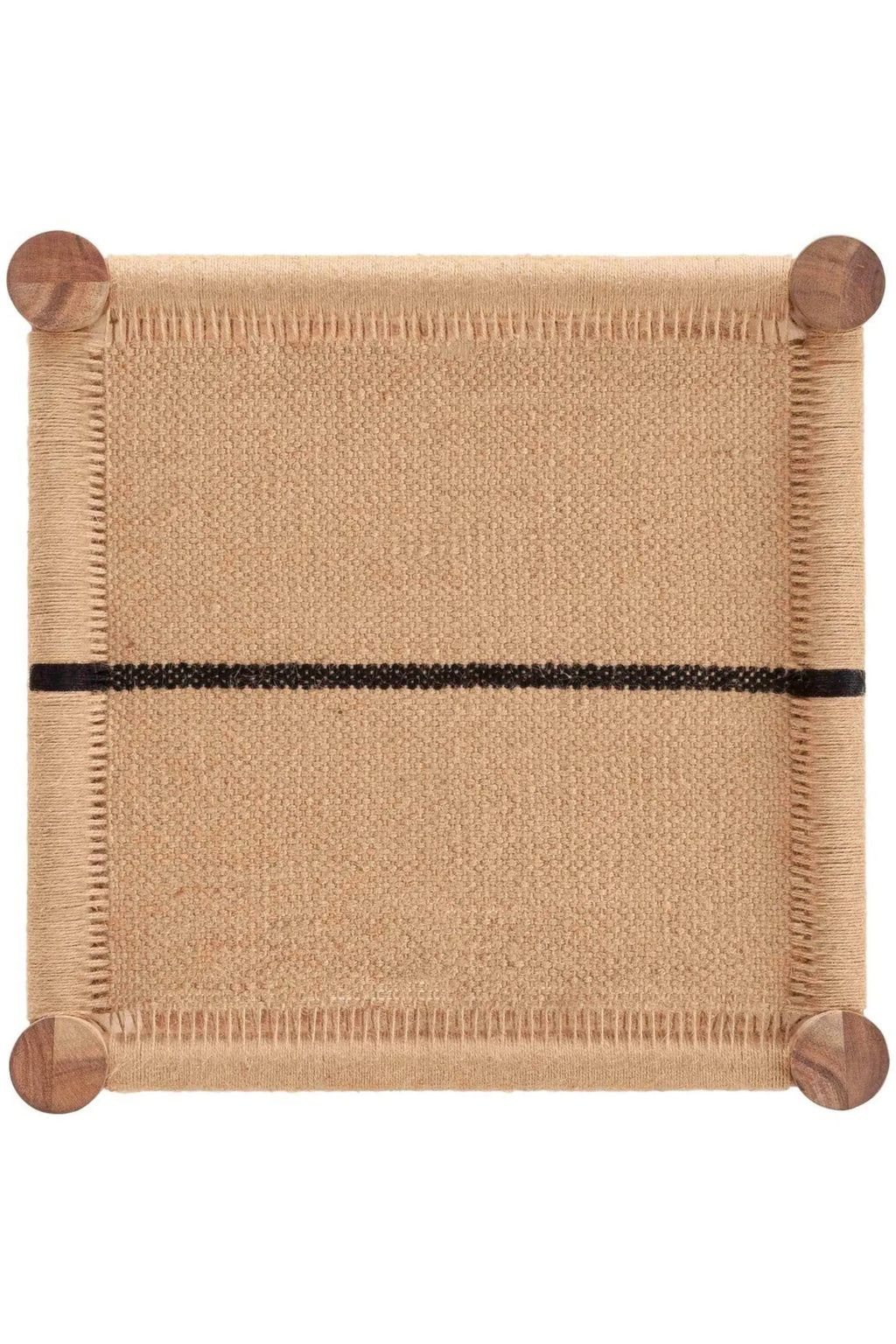 GAN Rugs Roots 01 Stool, a square hand-woven jute stool crafted from natural beige fibers with a distinctive black stripe across the center and four rounded solid wood caps at each corner. This rustic organic modern accent stool is perfect for adding natural texture to minimalist living rooms, Scandinavian bedrooms, or boho-inspired entryways.