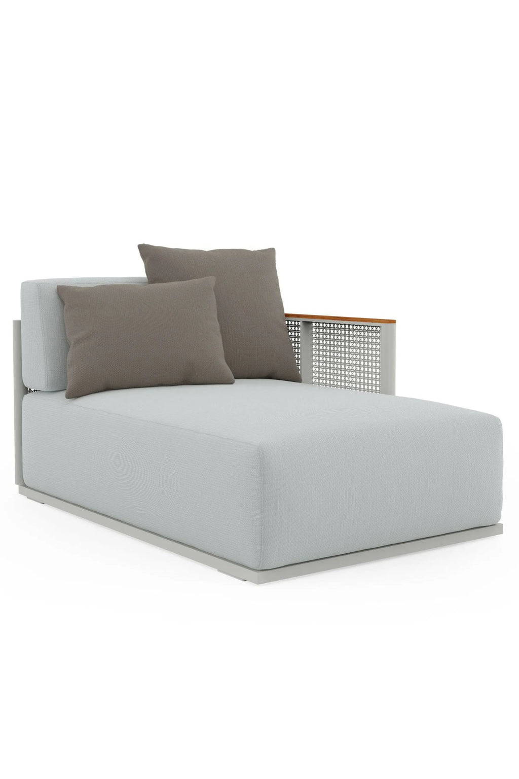 Gandia Blasco Bosc Sectional 2, a modern outdoor chaise lounge featuring light gray outdoor fabric upholstery with two dark taupe accent pillows, set on a sleek gray powder-coated aluminum frame. This contemporary patio sofa includes a stylish woven synthetic rattan backrest and a warm natural teak armrest detail, offering minimalist design for sophisticated outdoor living. Ideal for creating a luxurious poolside lounge, deck seating, or garden relaxation area.