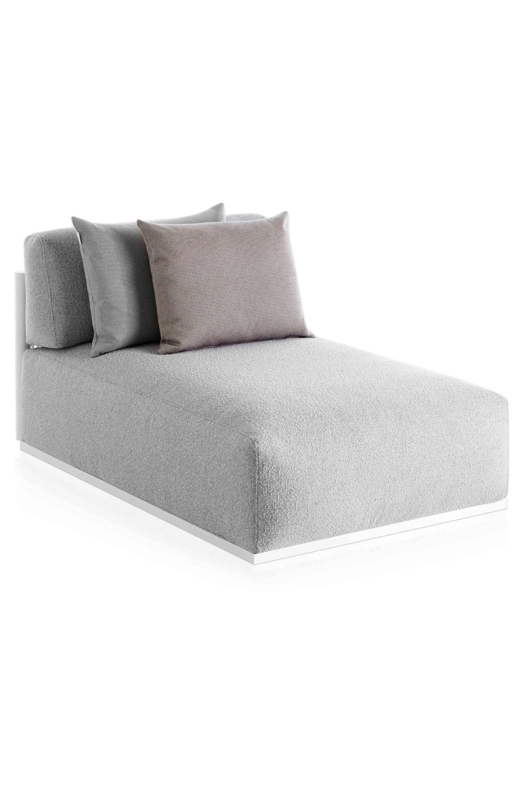 Gandia Blasco Bosc Sectional 5, a modern outdoor chaise lounge featuring a light grey textured outdoor fabric upholstery on a sleek, low-profile white metal frame. It comes with two coordinating throw pillows, one solid light grey and one subtle light brown patterned. Ideal for contemporary patio furniture, poolside lounging, or a minimalist outdoor living space.