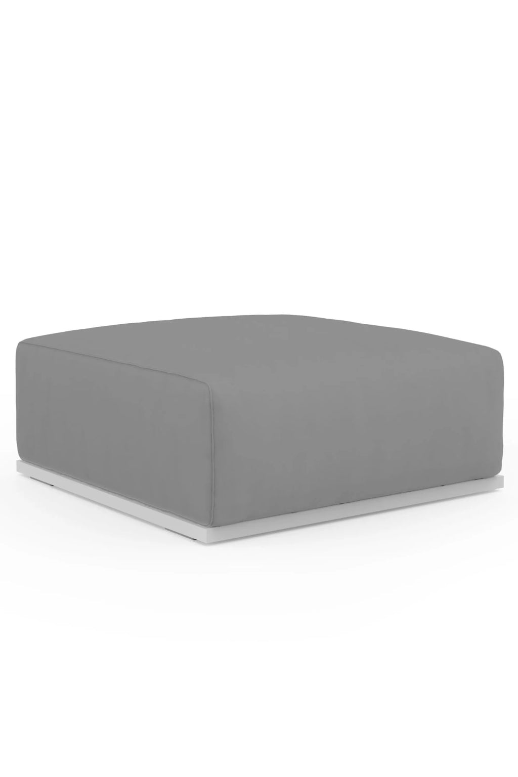 Gandia Blasco Bosc Sectional Pouf, a modern minimalist outdoor pouf featuring a clean-lined square silhouette upholstered in a smooth, weather-resistant grey fabric, set atop a sleek, recessed powder-coated aluminum base in a light finish. This contemporary grey outdoor ottoman is ideal for creating flexible seating in a patio lounge, poolside area, or modern deck design.