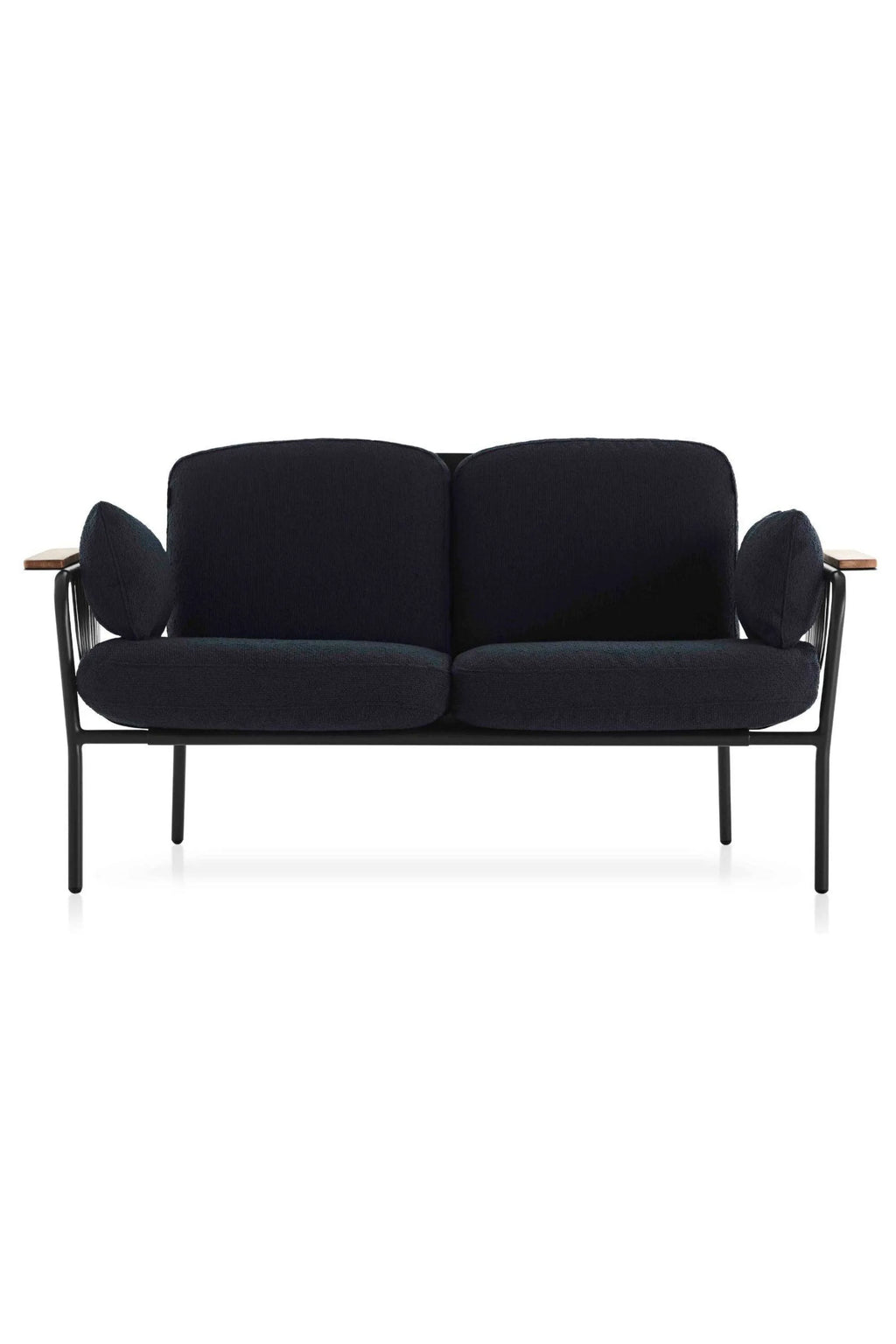 Gandia Blasco Capa 2-Seat Sofa, a sleek modern outdoor sofa featuring a matte black metal frame with a distinct slatted backrest design and plush dark charcoal fabric cushions. It includes natural wood armrest tops for a sophisticated touch. This contemporary 2-seater outdoor sofa is ideal for minimalist patios, modern garden spaces, or chic outdoor living rooms.