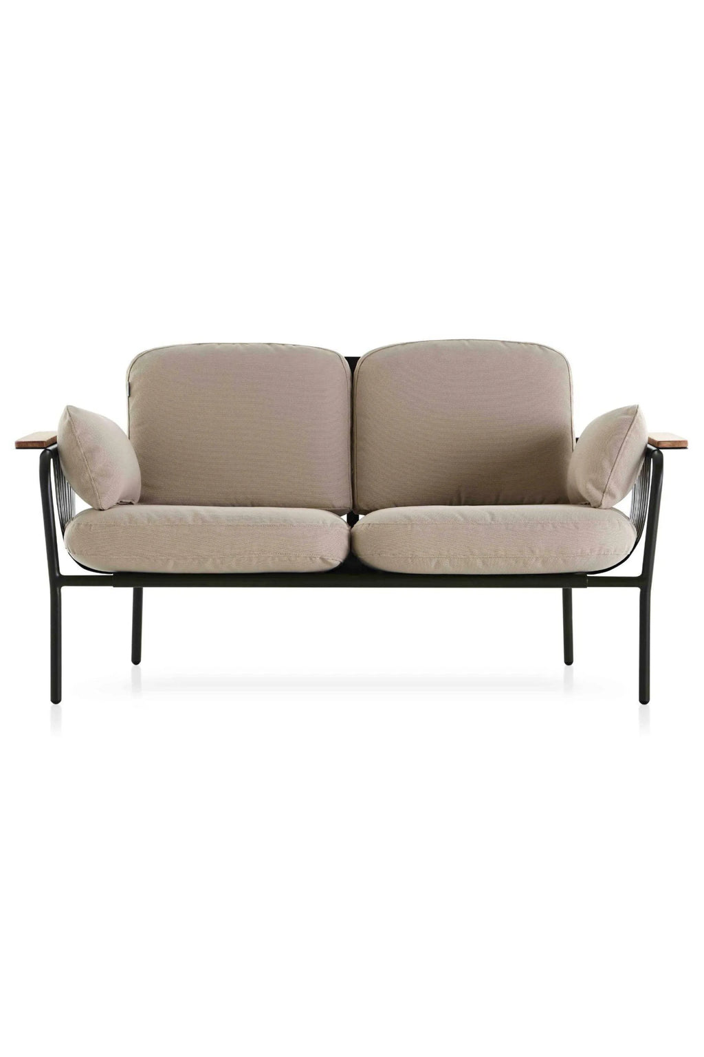 Gandia Blasco Capa 2-Seat Sofa, a modern outdoor sofa featuring a sleek matte black powder-coated aluminum frame with a minimalist design and slatted back detail. It includes plush, light beige outdoor fabric cushions for ultimate comfort and natural wood armrests. This contemporary 2-seater sofa is ideal for stylish patio furniture, garden lounges, or sophisticated outdoor living spaces.
