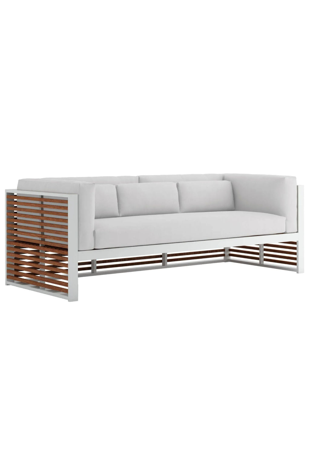 Gandia Blasco DNA Teak 3-Seat Sofa, a modern minimalist outdoor sofa featuring a crisp white powder-coated aluminum frame and striking slatted natural teak wood panels on the sides and base. This contemporary 3-seater lounge sofa is completed with plush, weather-resistant white fabric cushions for ultimate comfort. Ideal for a sophisticated patio, deck, or modern garden living space.