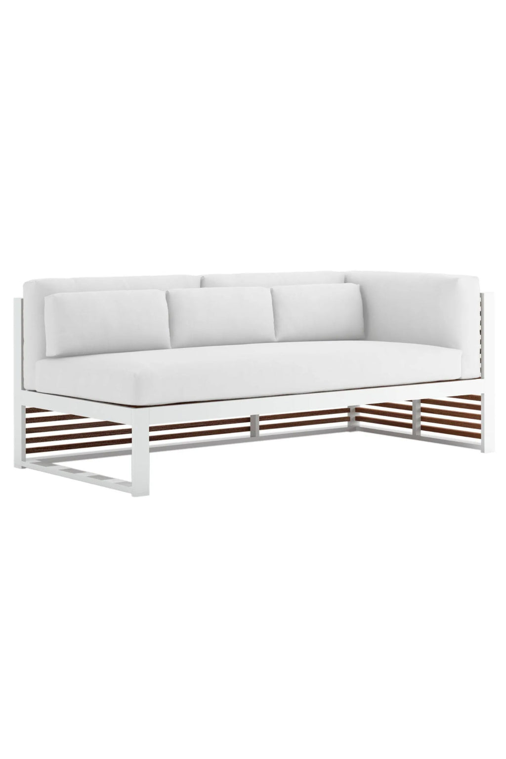 Gandia Blasco DNA Teak Sectional 1, a modern outdoor sectional sofa featuring a crisp white aluminum frame and a sl slatted natural teak wood base. It offers plush white upholstered cushions for comfortable outdoor seating, blending minimalist design with durable materials. Ideal for contemporary patio furniture, garden lounges, or poolside relaxation.