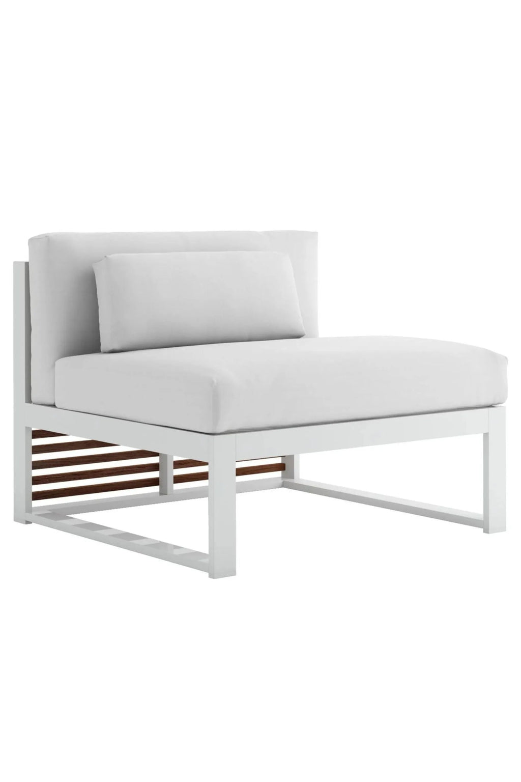 Gandia Blasco DNA Teak Sectional 3, a modern minimalist outdoor sofa module featuring a crisp white powder-coated aluminum frame and natural teak wood slats on the backrest. It boasts plush white upholstered cushions for deep seating, creating a clean, contemporary aesthetic. This luxury outdoor lounge chair is perfect for creating modular seating arrangements on modern patios, decks, or garden spaces.