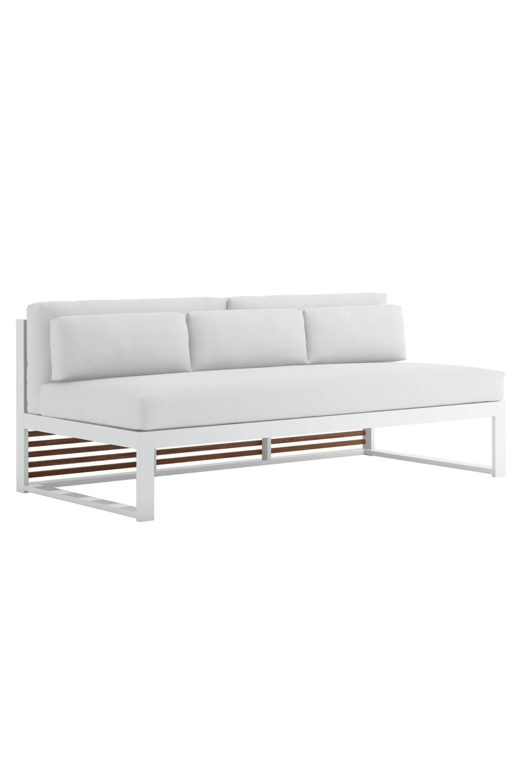 Gandia Blasco DNA Teak Sectional 4, a modern minimalist outdoor sofa featuring a crisp white powder-coated aluminum frame and warm natural teak wood slats along the base, topped with plush white upholstered outdoor cushions. This contemporary outdoor sectional is perfect for sophisticated patio furniture designs, poolside lounging, or elegant deck and garden spaces.
