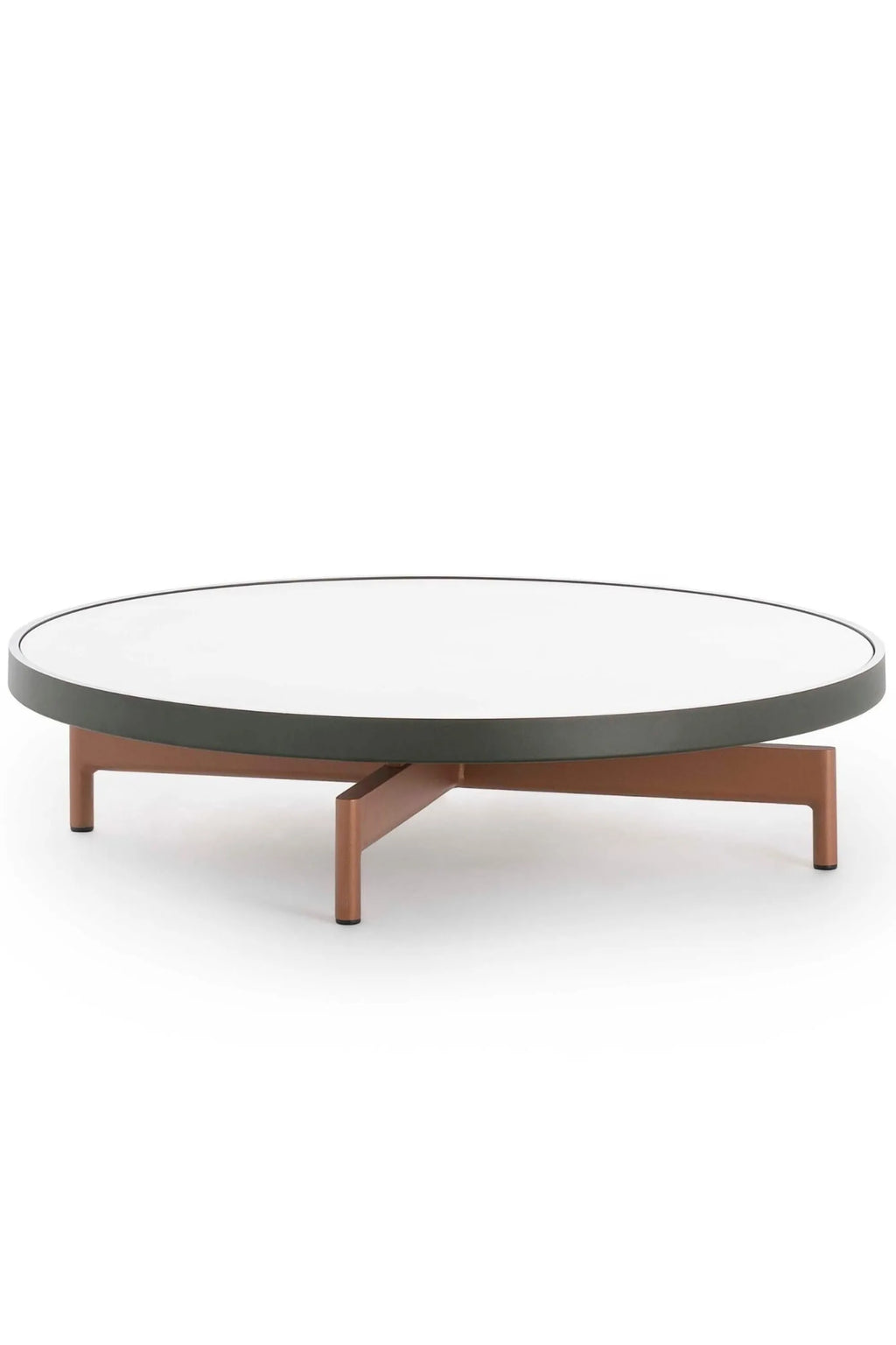 Gandia Blasco Onde Round Coffee Table Ø90, a modern minimalist outdoor coffee table crafted from durable powder-coated aluminum, featuring a crisp white tabletop with a sleek anthracite grey rim and a unique X-shaped terracotta-colored base. This contemporary round outdoor table is ideal for enhancing patio, garden, or balcony living spaces with its elegant and functional design.