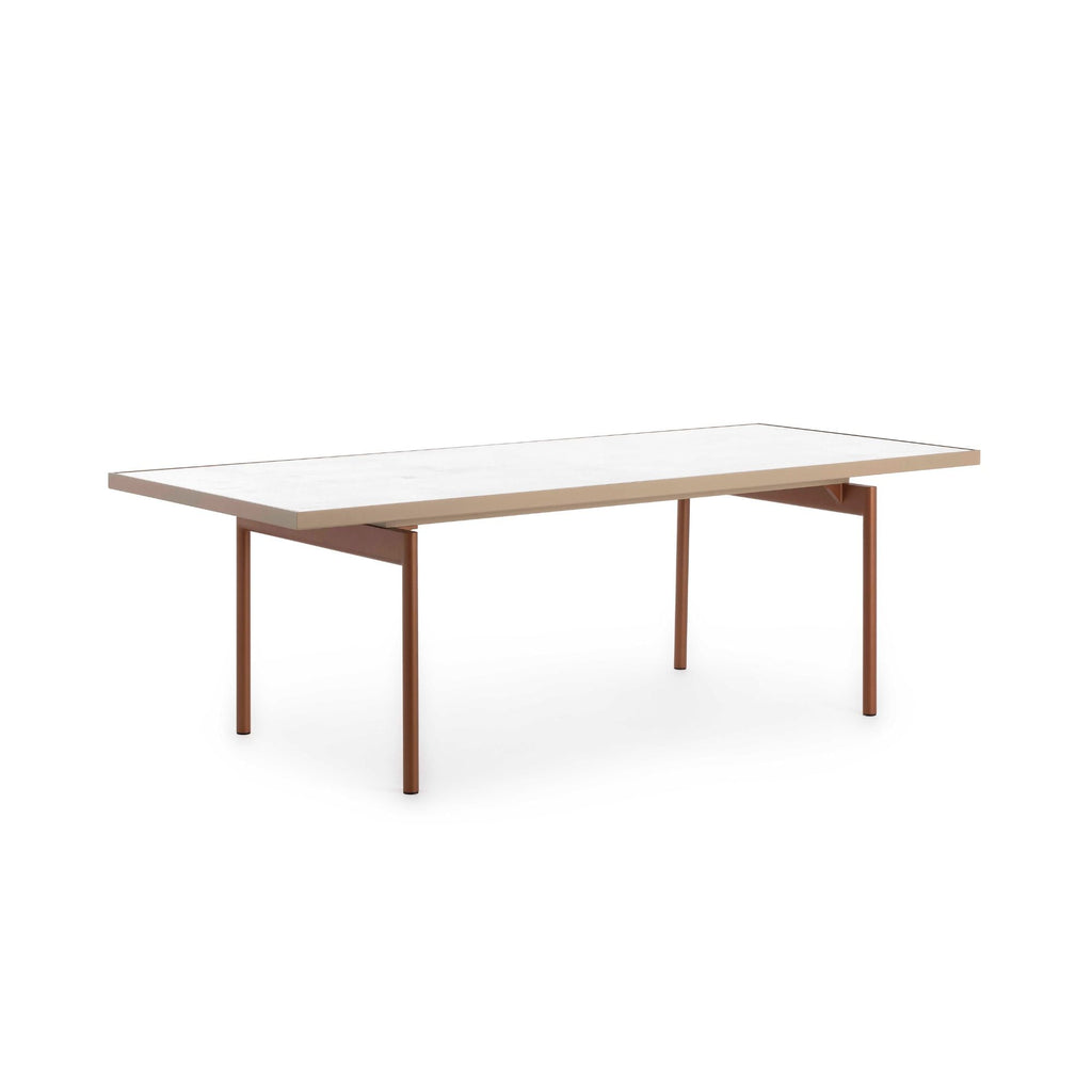 Gandia Blasco Onde Dining Table, a sleek rectangular outdoor dining table featuring a crisp white tabletop and a modern terracotta-colored aluminum frame with slender cylindrical legs. This minimalist and contemporary patio table is perfect for al fresco dining on decks, gardens, or terraces.
