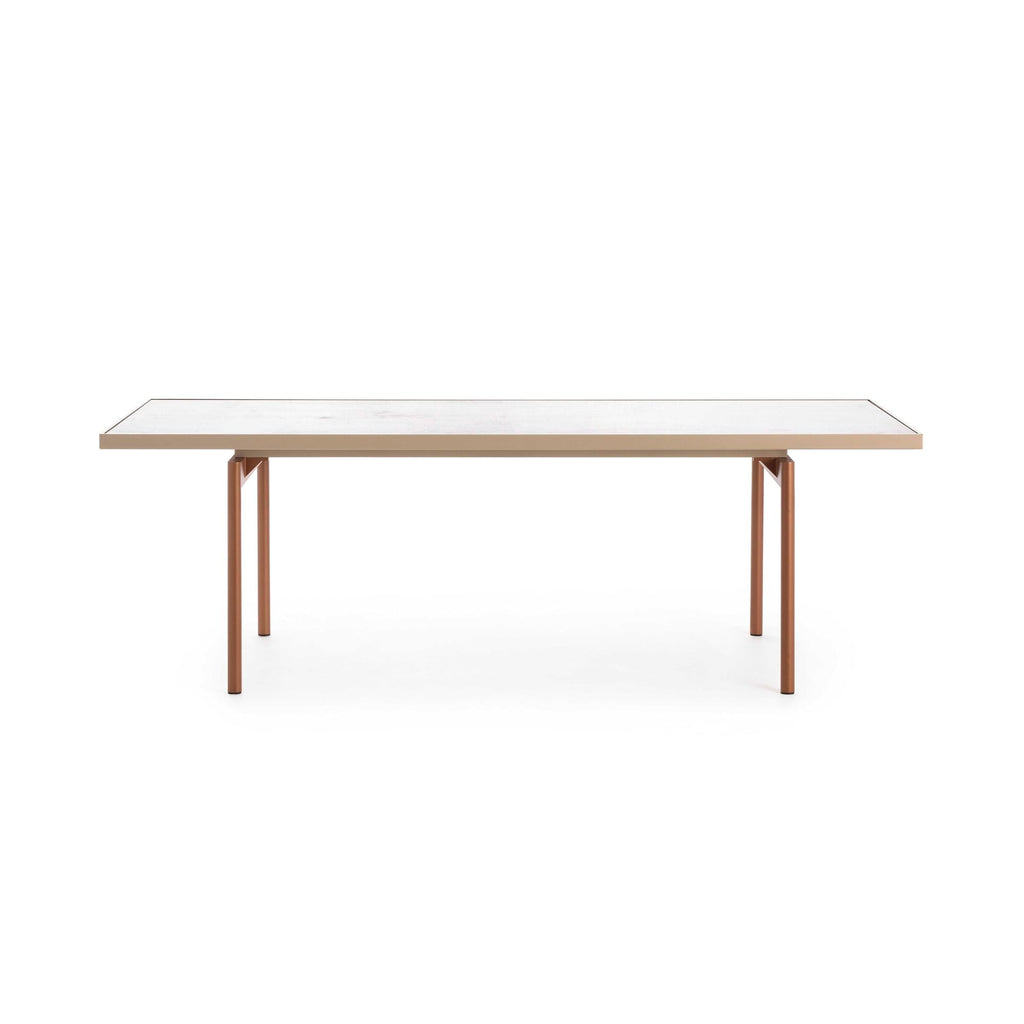 Gandia Blasco Onde Dining Table, a sleek modern minimalist outdoor dining table featuring a rectangular light beige phenolic HPL top and slender reddish-brown powder-coated aluminum legs with clean contemporary.
