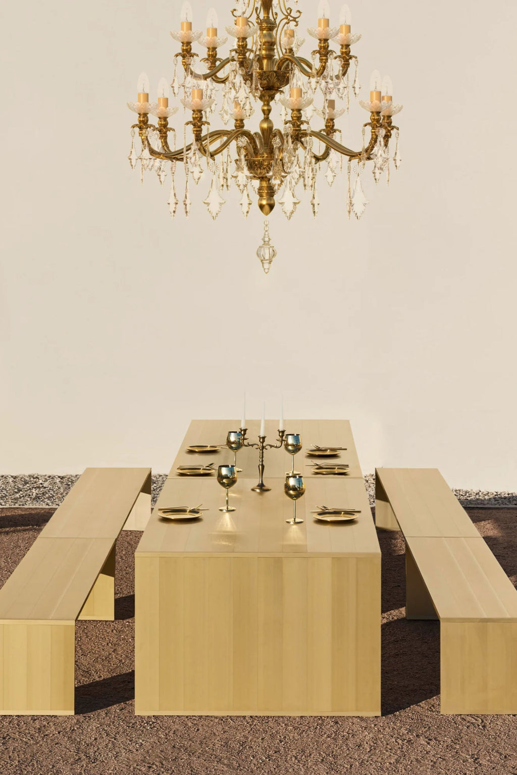 Gandia Blasco GBmodular Dining Table, a modern minimalist outdoor dining table featuring a sleek rectangular silhouette and a light blonde wood finish with clean block-like legs. This contemporary design is perfect for creating a stylish alfresco dining experience on an outdoor patio or garden terrace, especially when paired with the matching blonde wood outdoor benches.