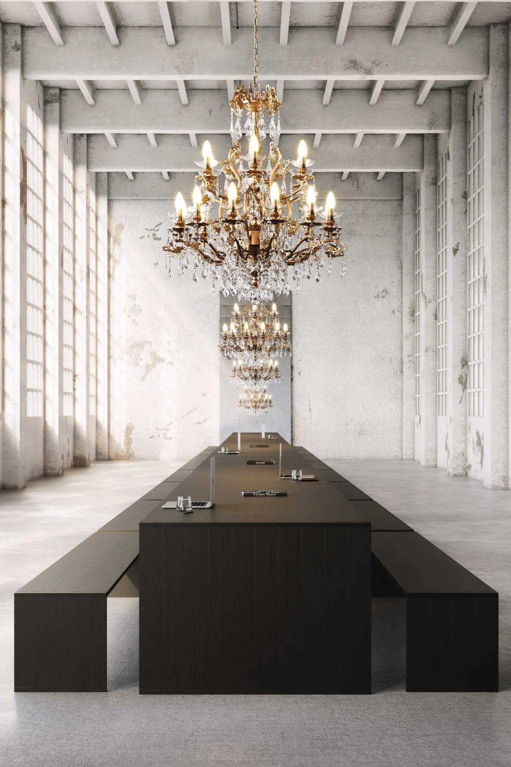 Gandia Blasco GBmodular Dining Table, a sleek, extra-long outdoor dining table crafted from durable dark-toned material with a matte black finish and subtle vertical texture, featuring a minimalist rectangular.