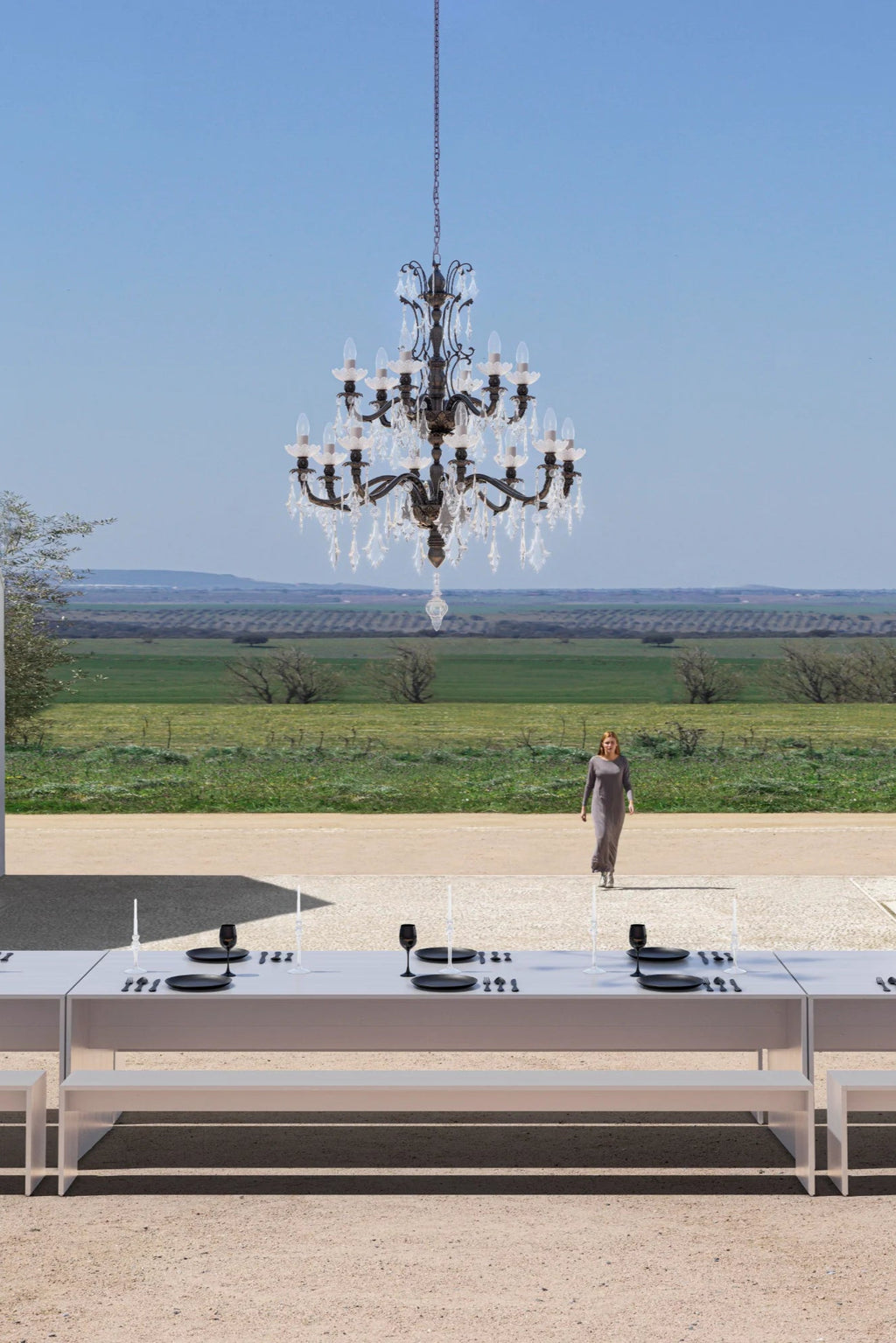 Gandia Blasco GBmodular Dining Table, a sleek modern minimalist outdoor dining table and bench set crafted from durable white powder-coated aluminum. Its clean, modular rectangular design offers adaptable seating for contemporary patio dining and stylish garden entertaining.