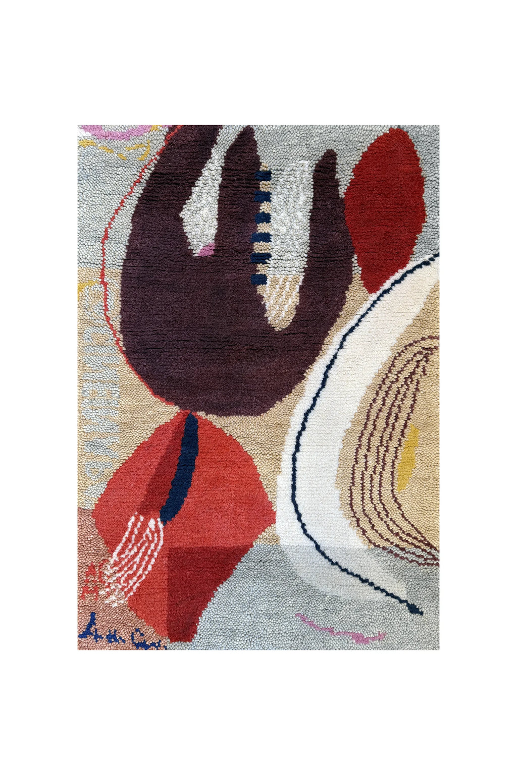 Layered Collage Wool Rug, a thick pile abstract area rug with organic shapes in shades of red, maroon, cream, and beige on a light grey background with subtle dark blue and pink accents. Perfect fo...