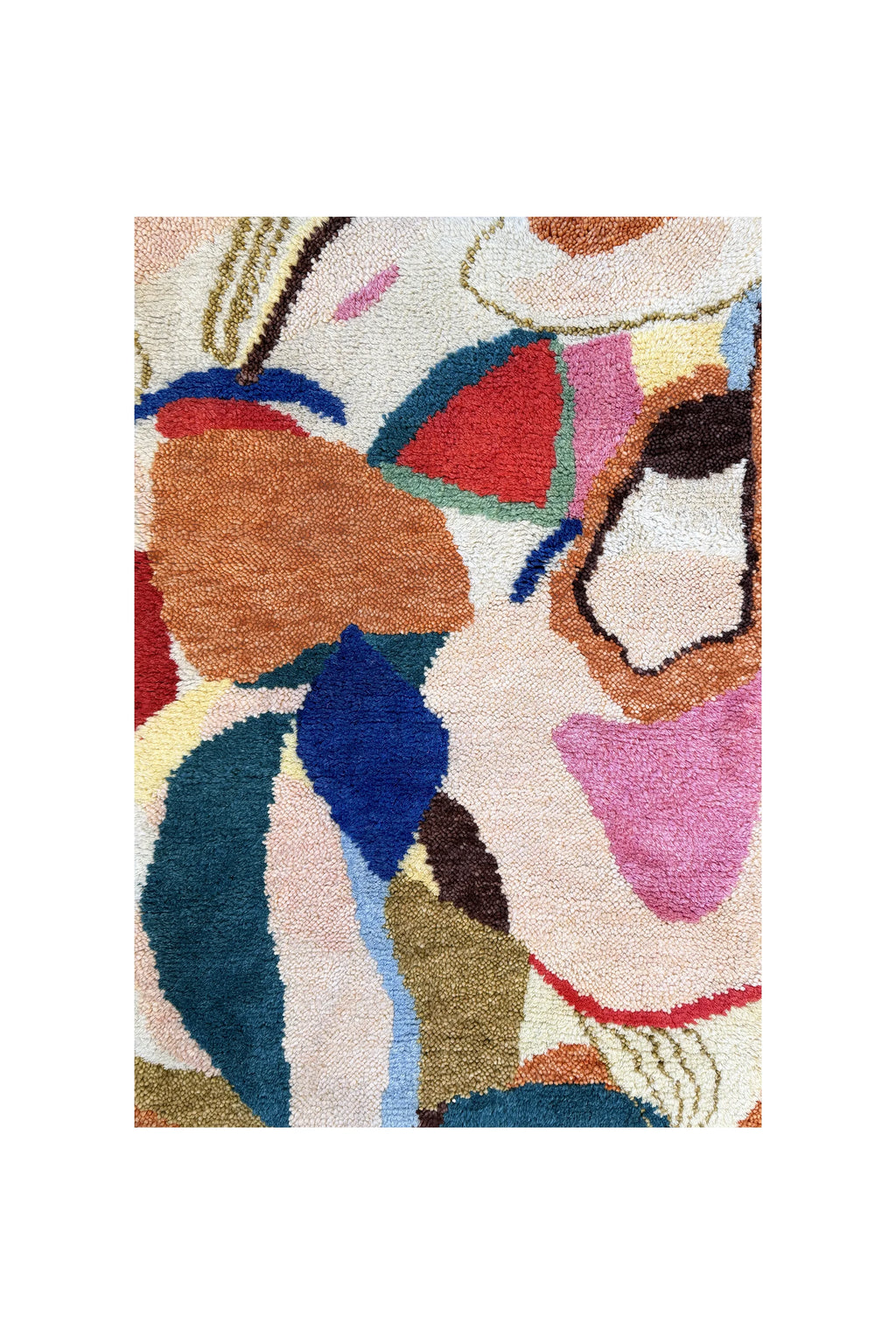 Layered Kaleidoscope Wool Rug, a vibrant multicolored abstract design featuring organic shapes in red, blue, pink, green, yellow, and brown, on a cream textured wool background. Perfect for adding...