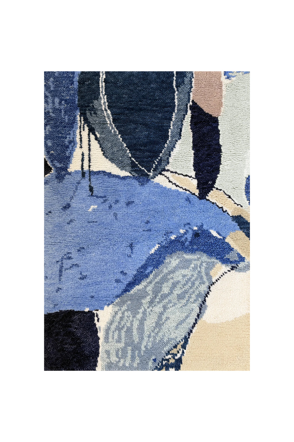 Layered Blue Lake Wool Rug, a premium hand-tufted art deco rug with an abstract pattern in shades of blue, beige, and white. Perfect for adding a modern, artistic touch to any living room or bedroom.